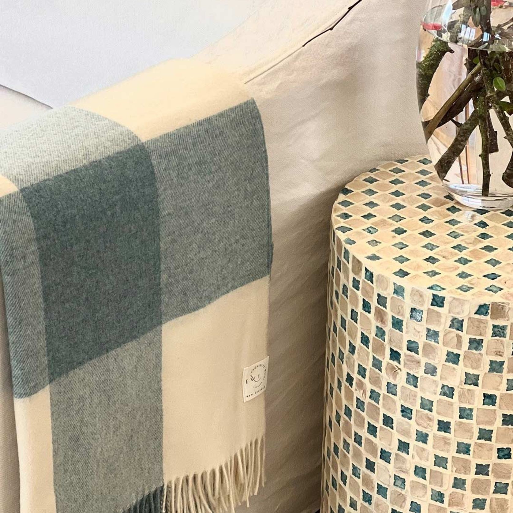 NZ Wool Throw - Checkboard, Aqua Blue | 100% Merino Wool gallery detail image