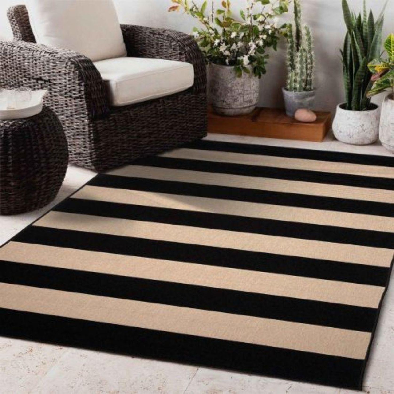 Nyoma Black & Cream Striped Outdoor Rug gallery detail image