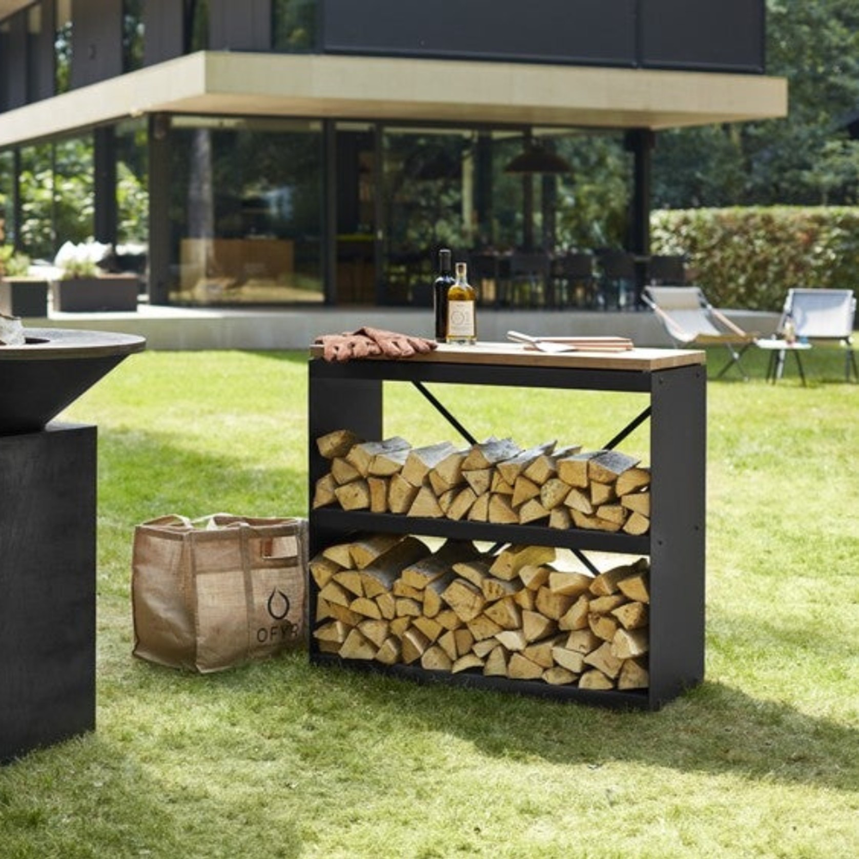 OFYR Wood Storage Dressoir w/ Teak Wood Tabletop - Black gallery detail image
