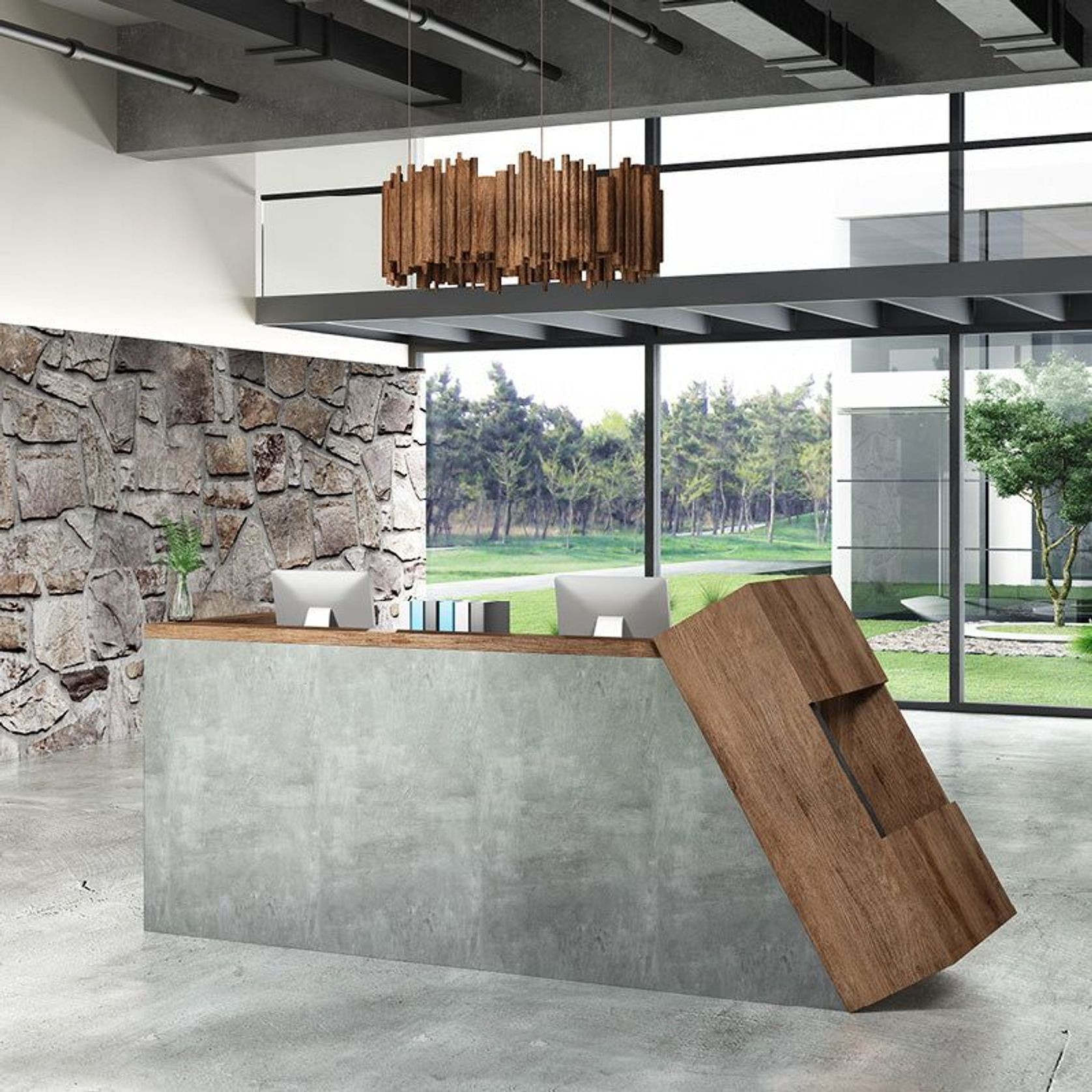 QUADE Reception Desk Left Panel 2.0M - Warm Oak & Concrete Color gallery detail image