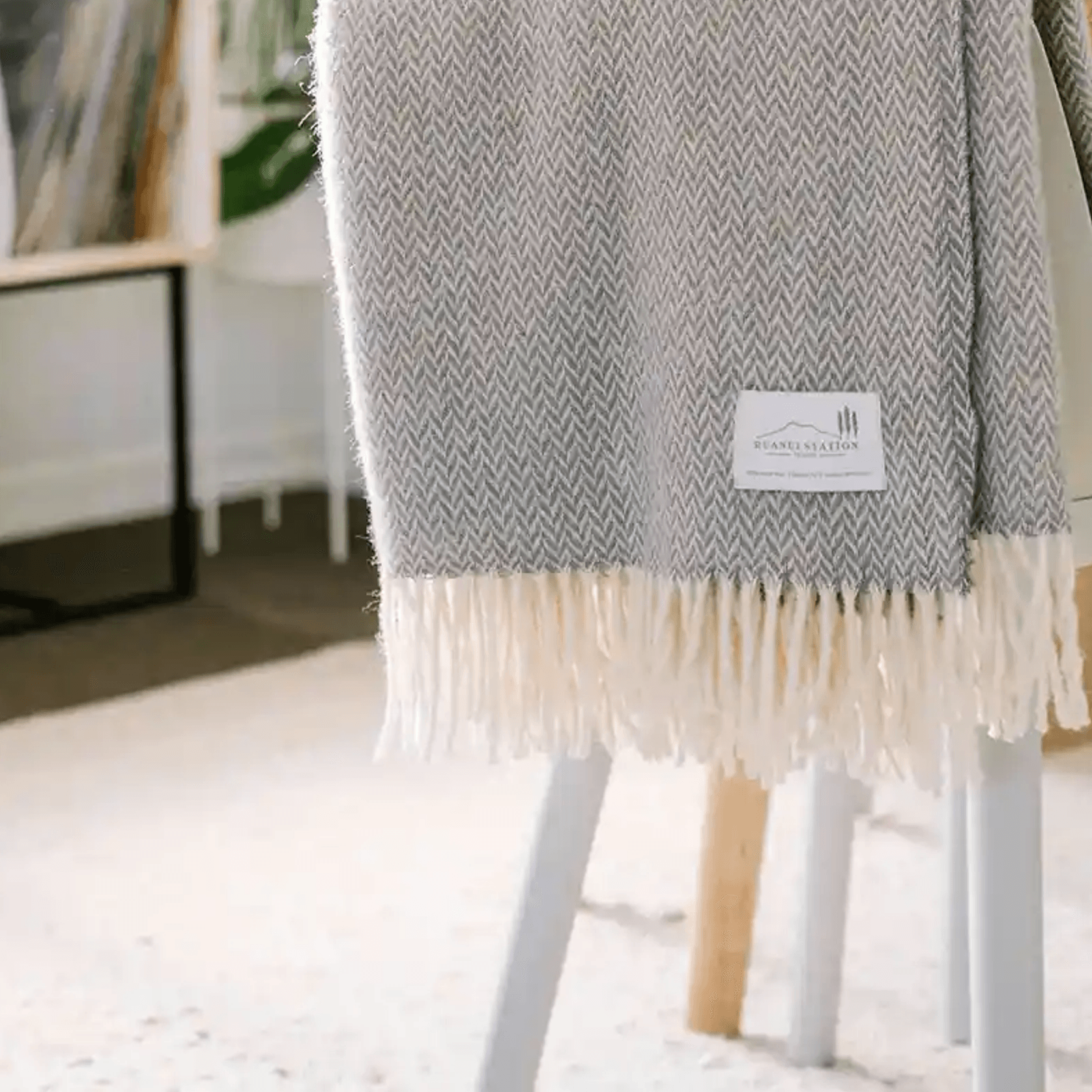Ruanui Station Lambswool Throw - Gully Grey Chevron gallery detail image