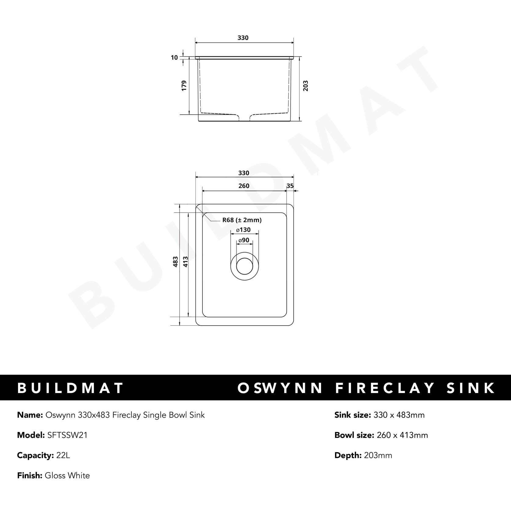 Oswynn 330x483 Gloss White Fireclay Single Bowl Sink gallery detail image