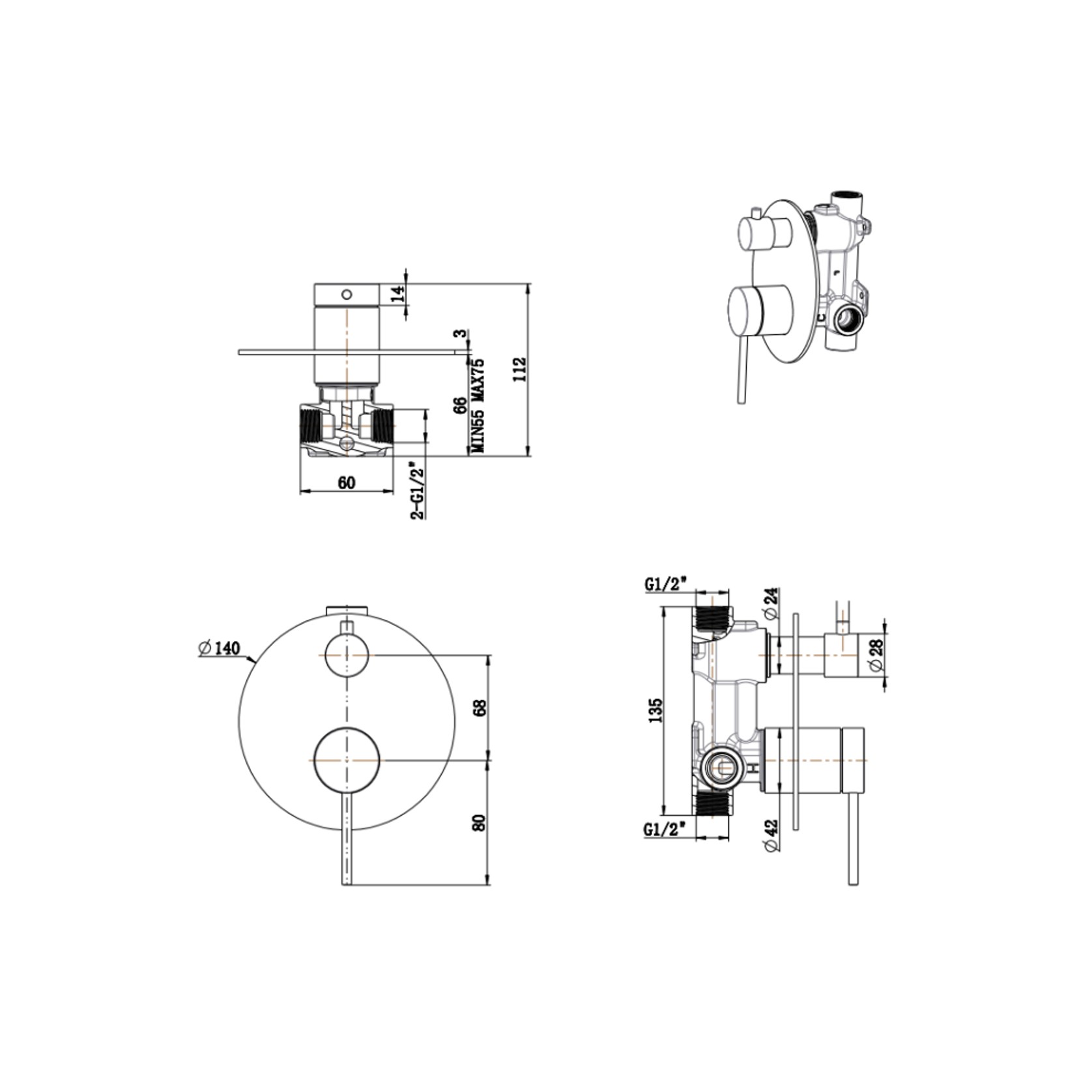 Mica Shower Mixer Diverter | 1P | Trim Kit Only gallery detail image