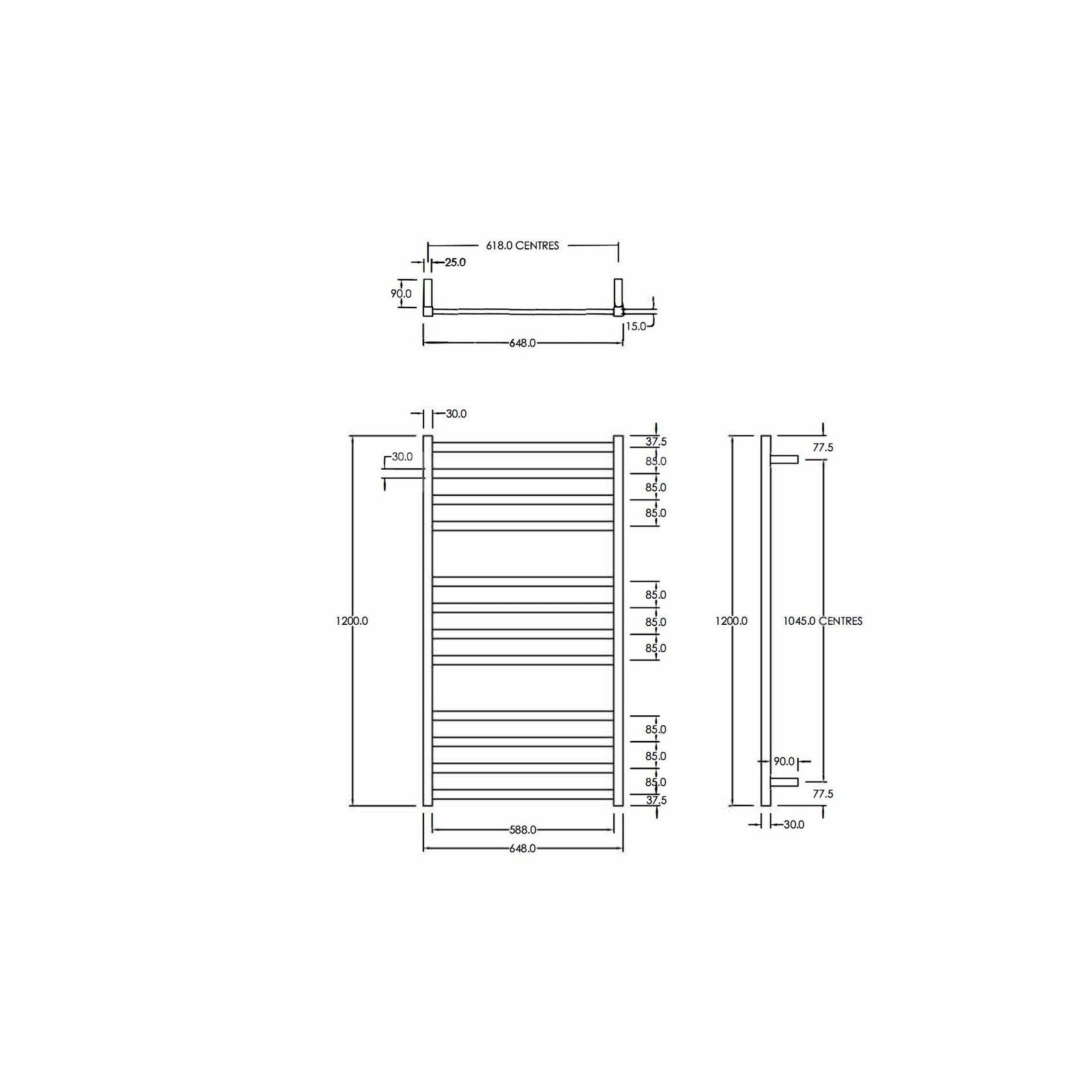 Square Heated Towel Ladder 1200x650mm gallery detail image