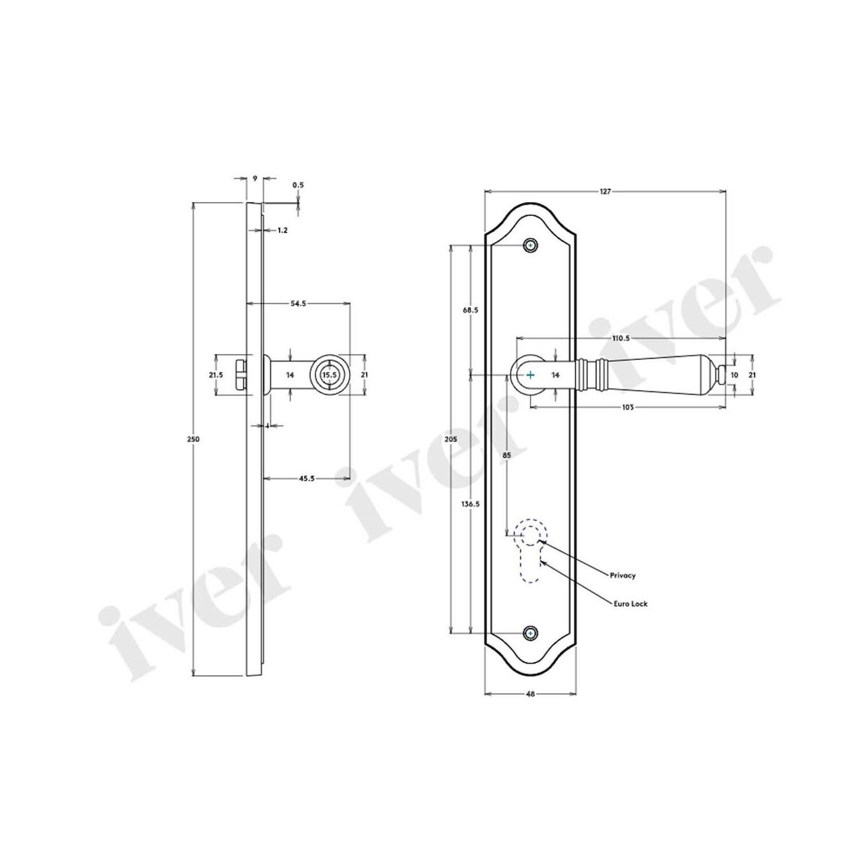 Iver Sarlat Lever on Shouldered Backplate Privacy 85mm Polished Brass 10212P85 - Customise to your needs gallery detail image