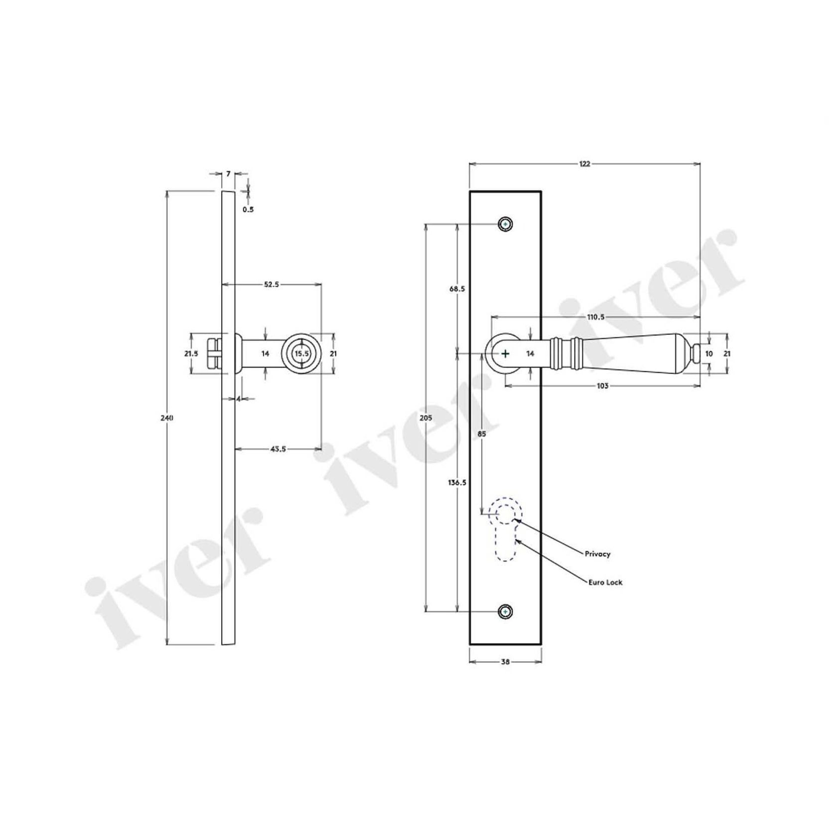 Iver Sarlat Lever on Rectangular Backplate Privacy 85mm Signature Brass 10700P85 - Customise to your need gallery detail image