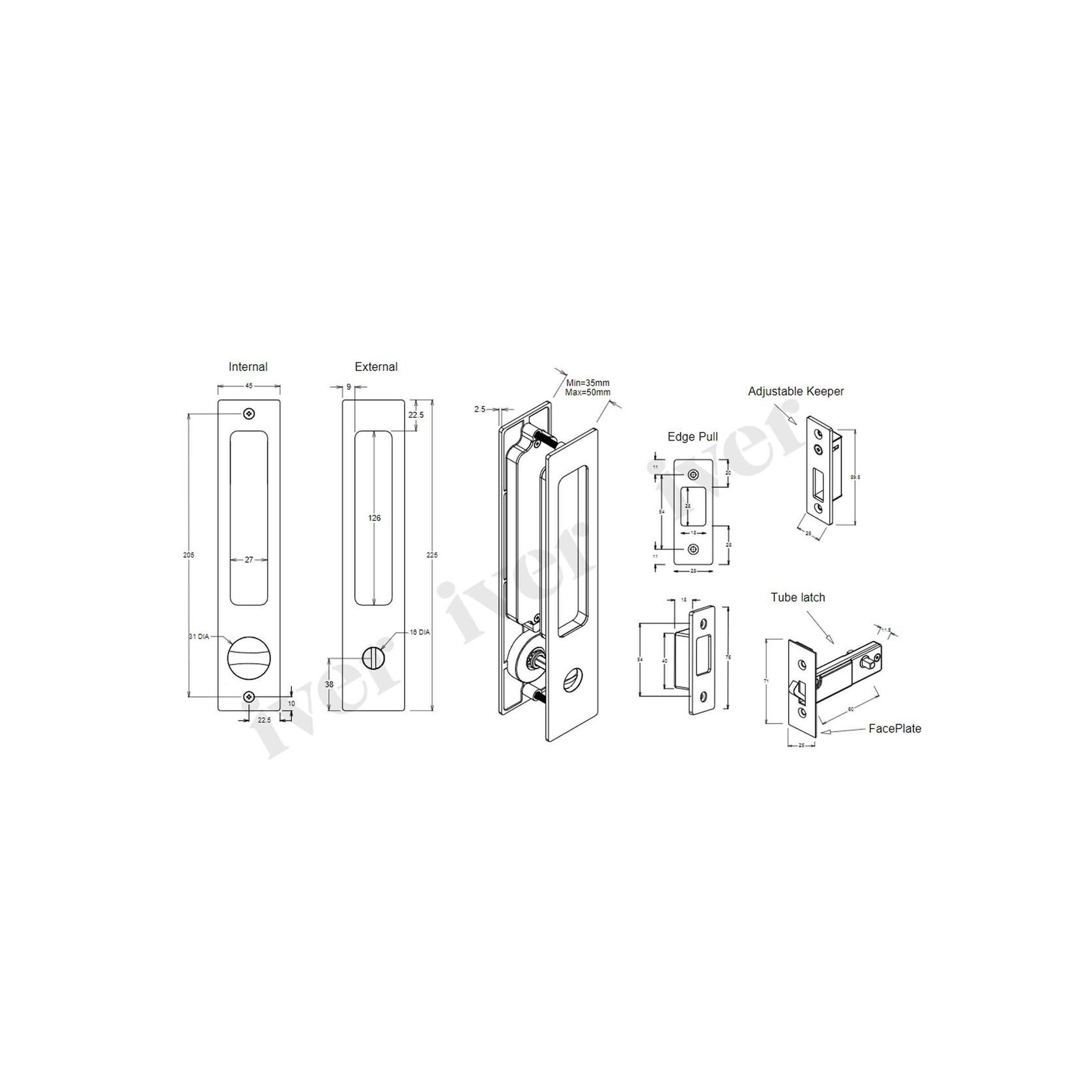 Iver Rectangular Flush Pull Privacy Set Brushed Chrome for Sliding Doors 21415P *Pair* gallery detail image