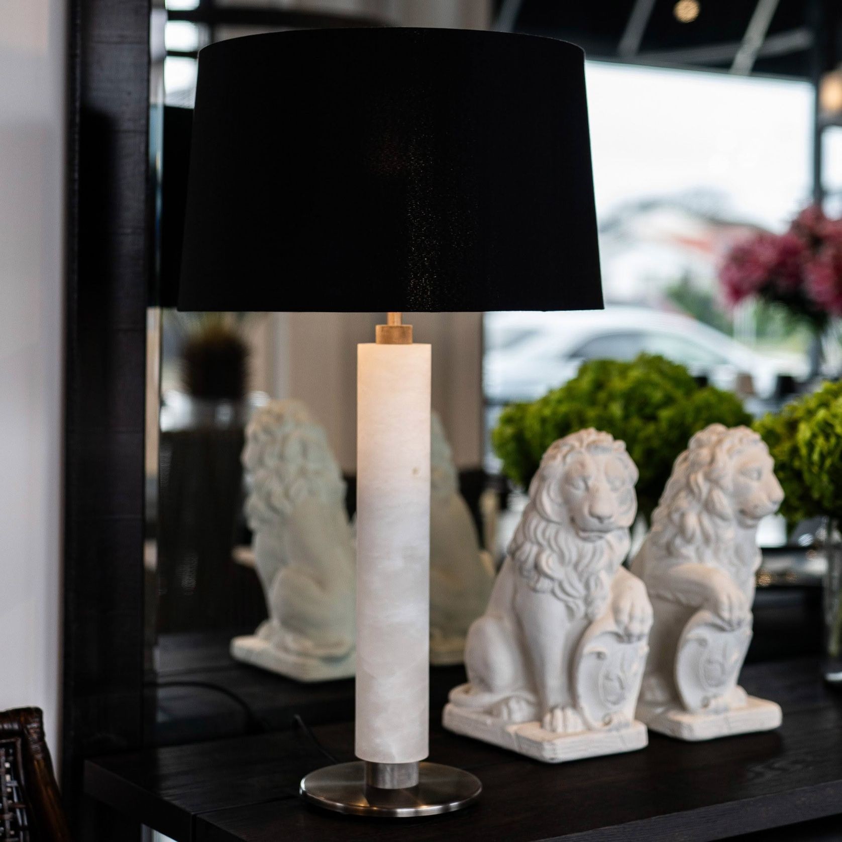 Tz - Valencia Table Lamp - Alabaster, Vintage Silver Finish With Black Shade gallery detail image