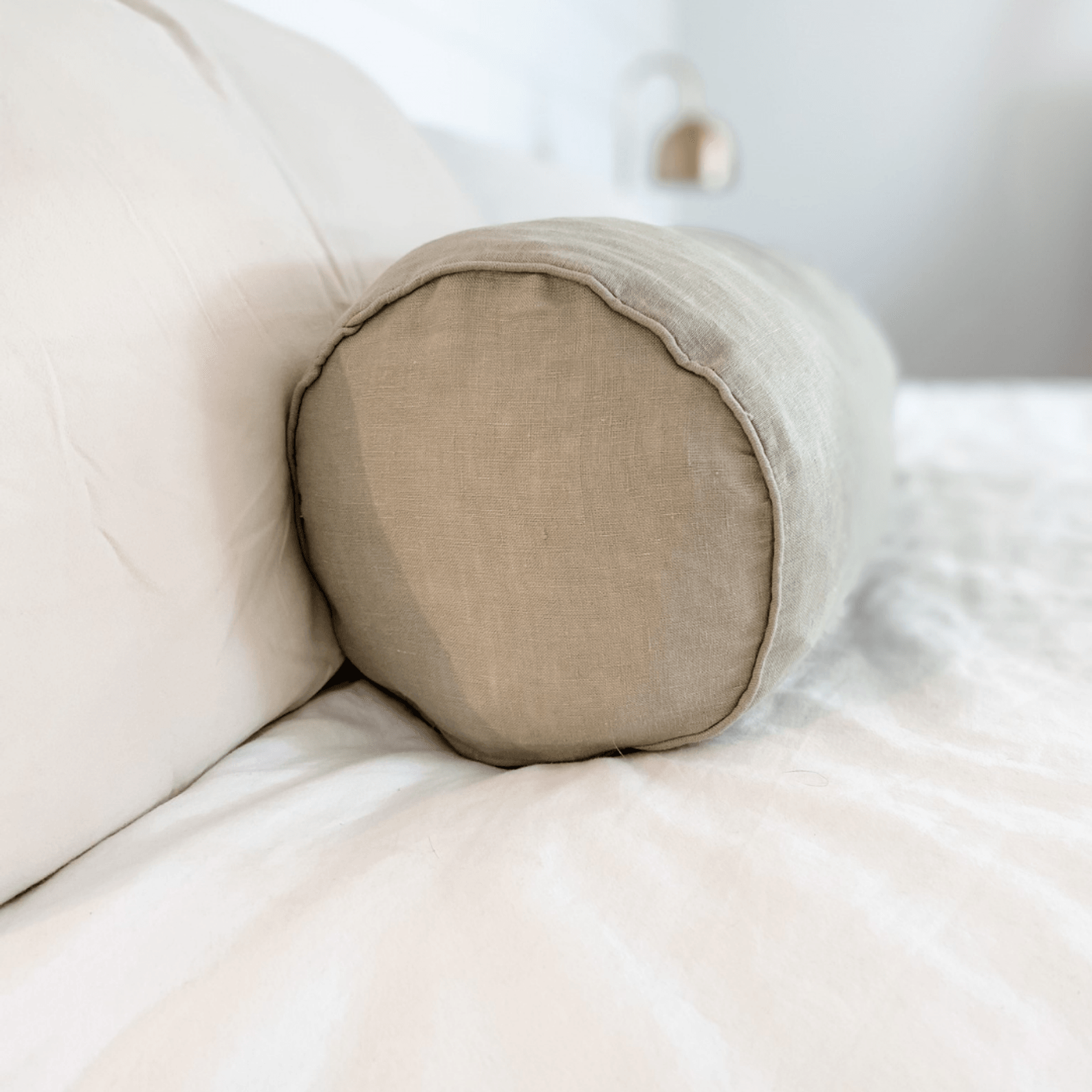 100 French Flax Linen Feather filled Bolster Cushion Sage ArchiPro NZ