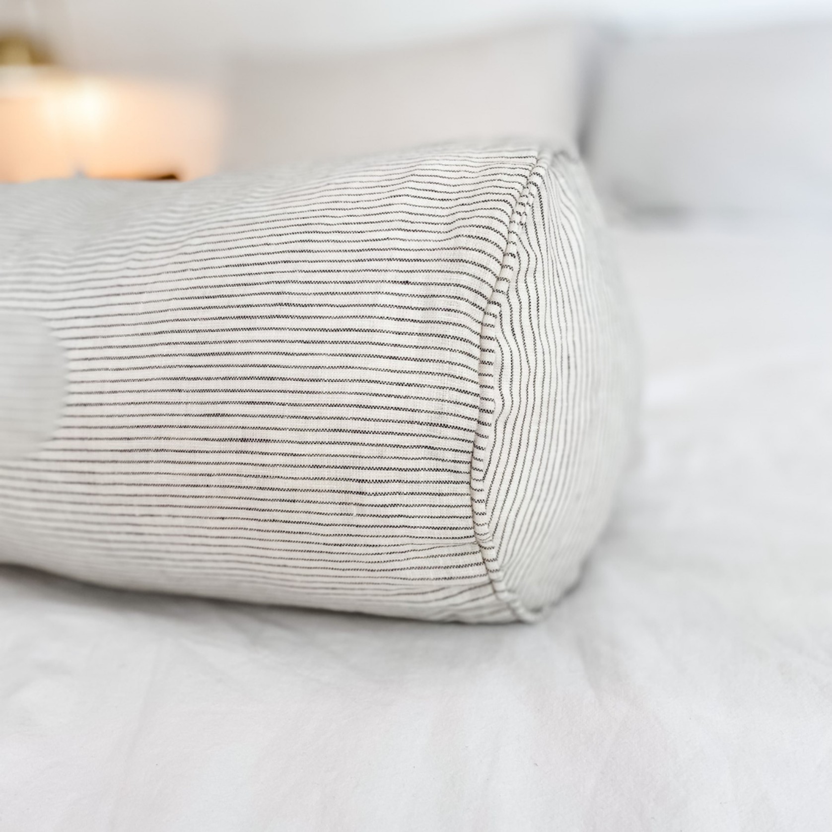 100% French Flax Linen Feather filled Bolster Cushion- Charcoal Pinstripe gallery detail image