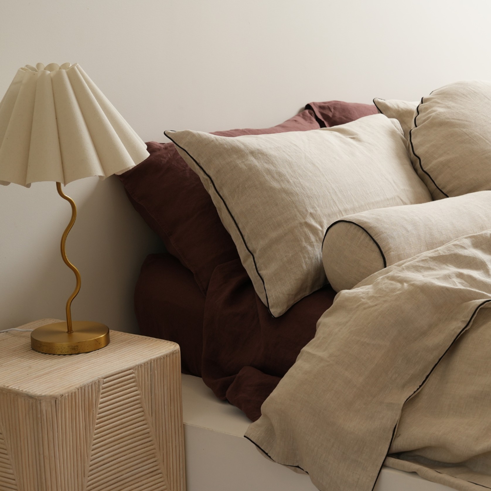 100% French Flax Linen Piped Feather Filled Bolster Cushion- Natural Oat/ Black gallery detail image