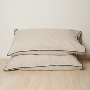 100% French Linen Piped Pillowcase Pair- Natural Oat/ Black gallery detail image