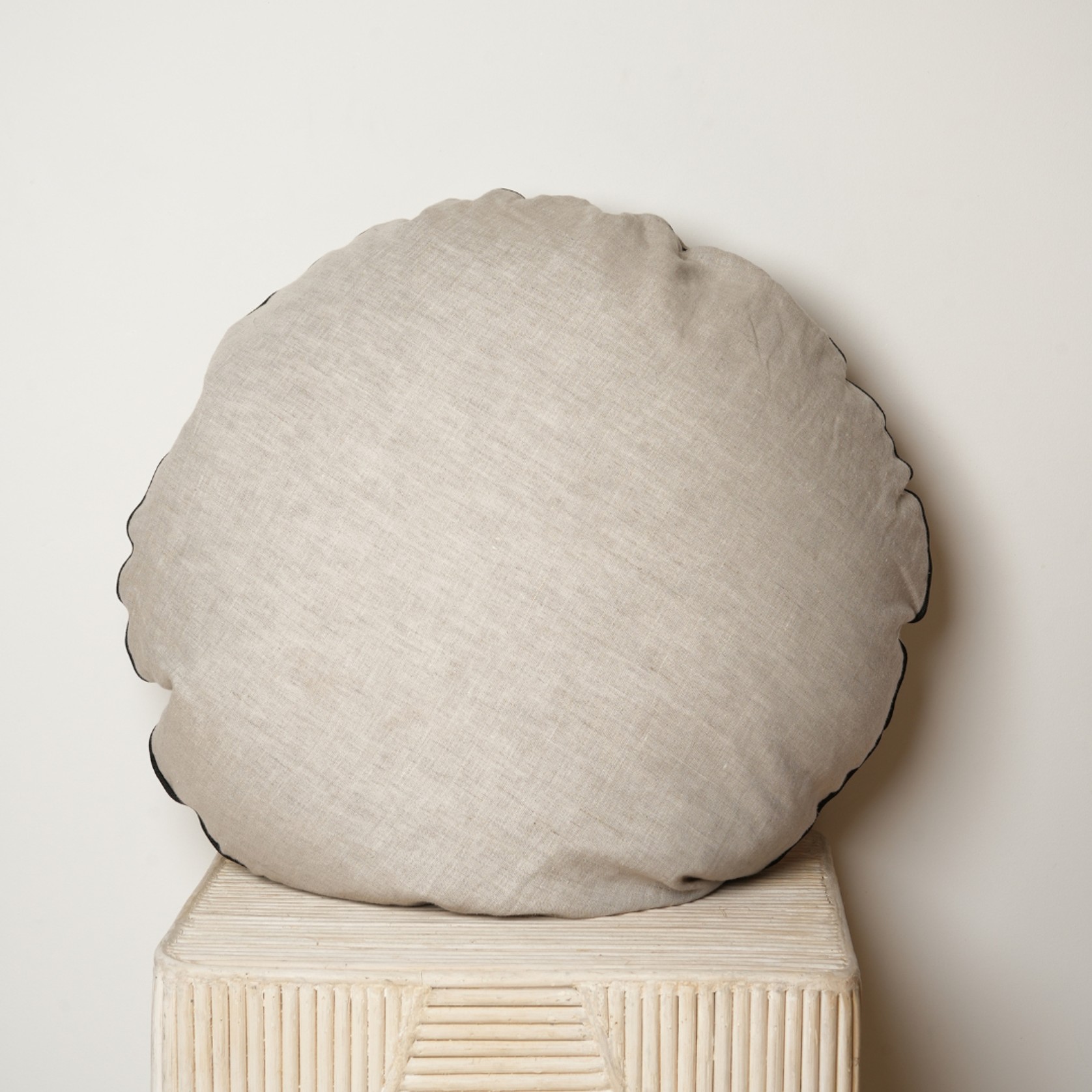100% Flax Linen Round Piped Feather Filled Cushion- Natural Oat/ Black gallery detail image