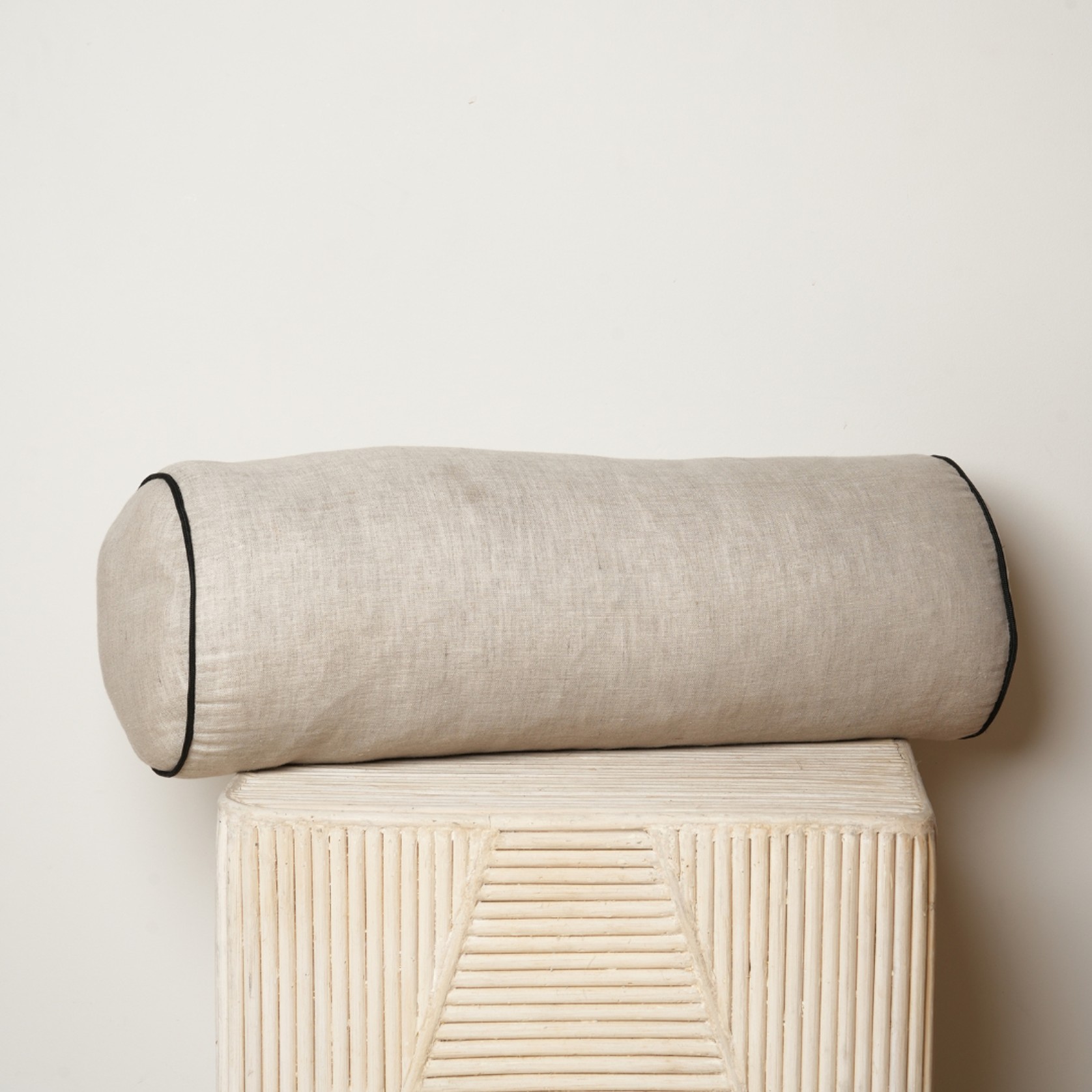 100% French Flax Linen Piped Feather Filled Bolster Cushion- Natural Oat/ Black gallery detail image