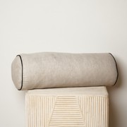 100% French Flax Linen Piped Feather Filled Bolster Cushion- Natural Oat/ Black gallery detail image