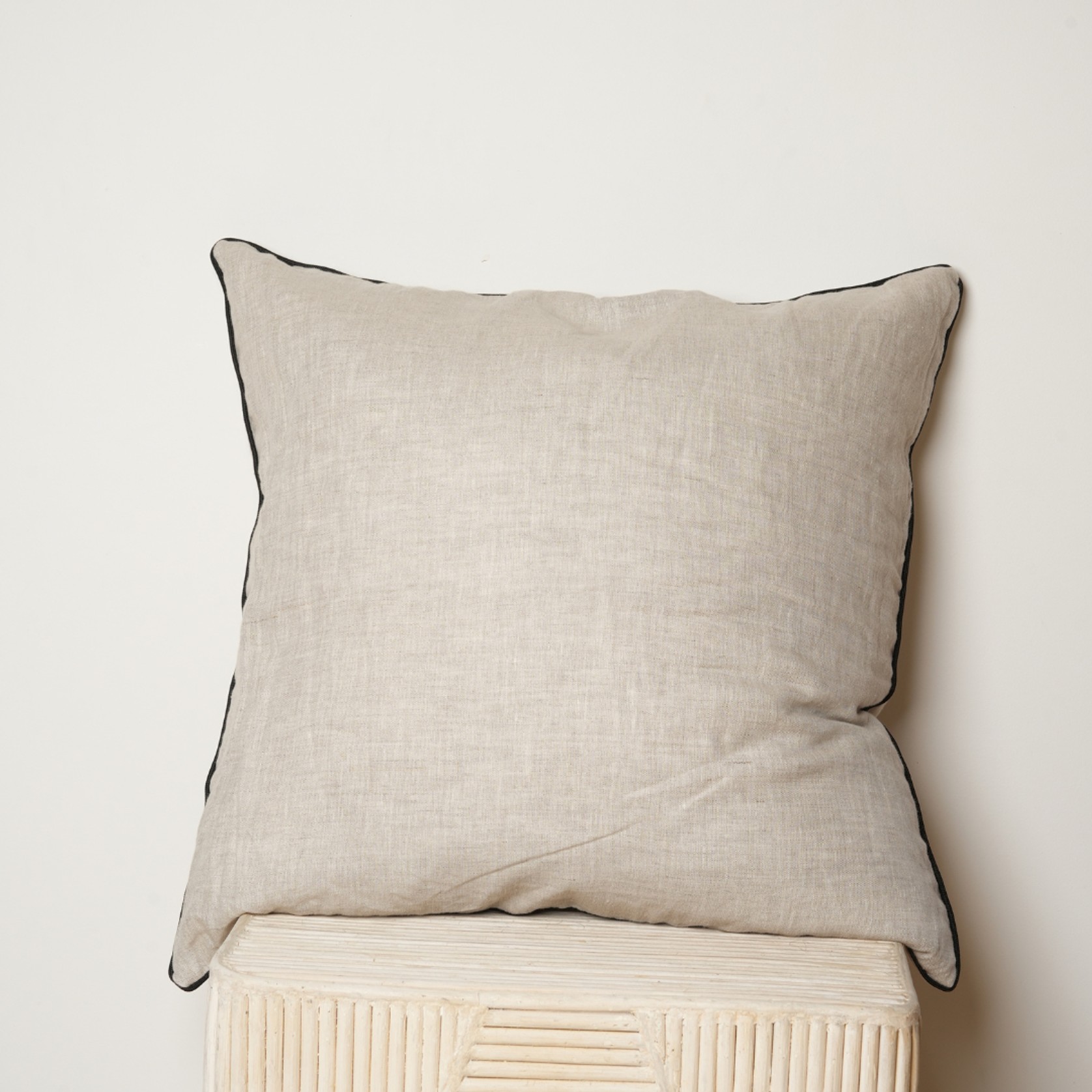 100% French Flax Linen Piped Feather Cushion - Nat/Blac gallery detail image