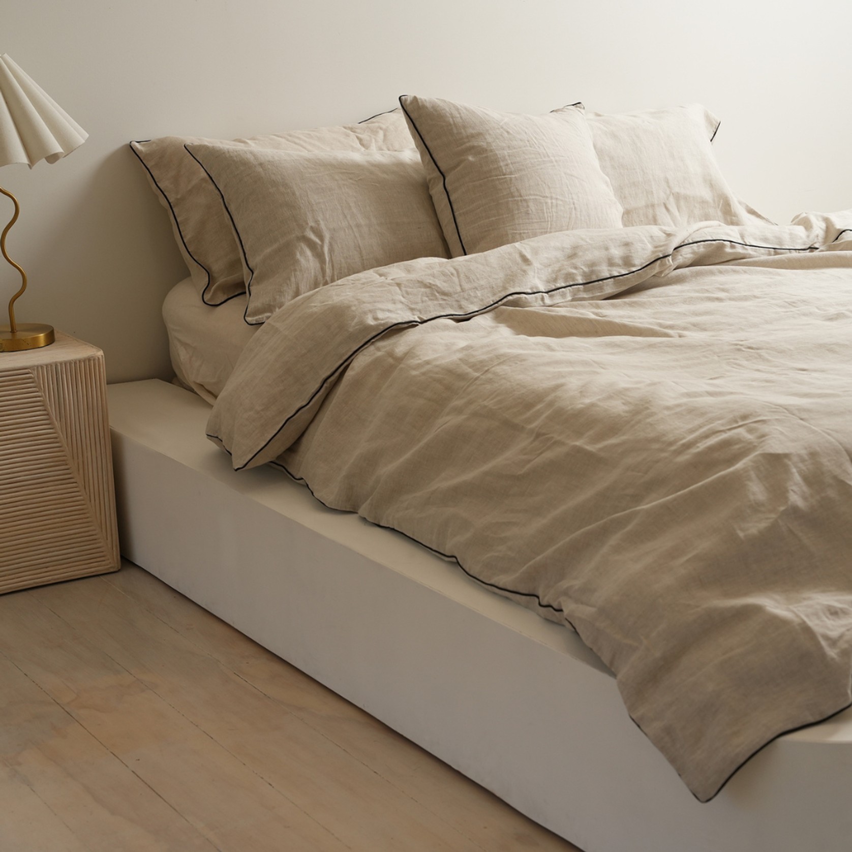 100% French Flax Linen Piped Duvet Cover Set - Natural Oat /Black gallery detail image