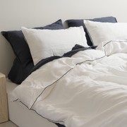 100% French Flax Linen Piped Duvet Cover Set - White/ Navy gallery detail image