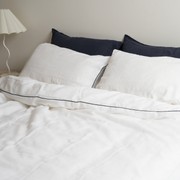 100% French Flax Linen Piped Duvet Cover Set - White/ Navy gallery detail image