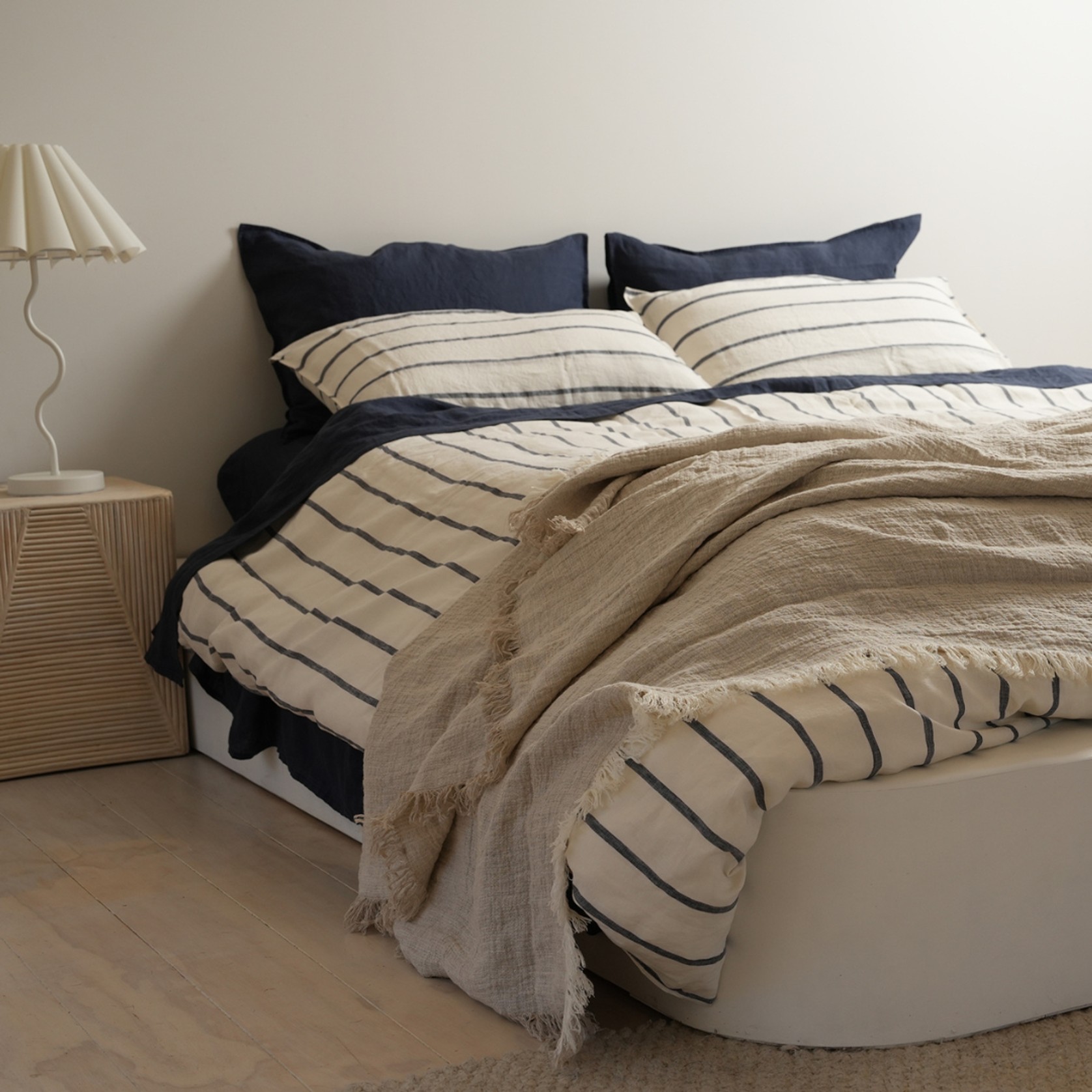 100% French Flax Linen Duvet Cover Set- Midnight Stripe gallery detail image