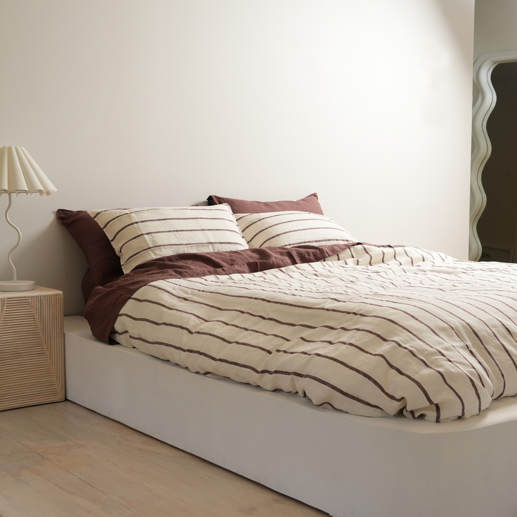 100% French Flax Linen Duvet Cover Set - Cocoa Stripe gallery detail image