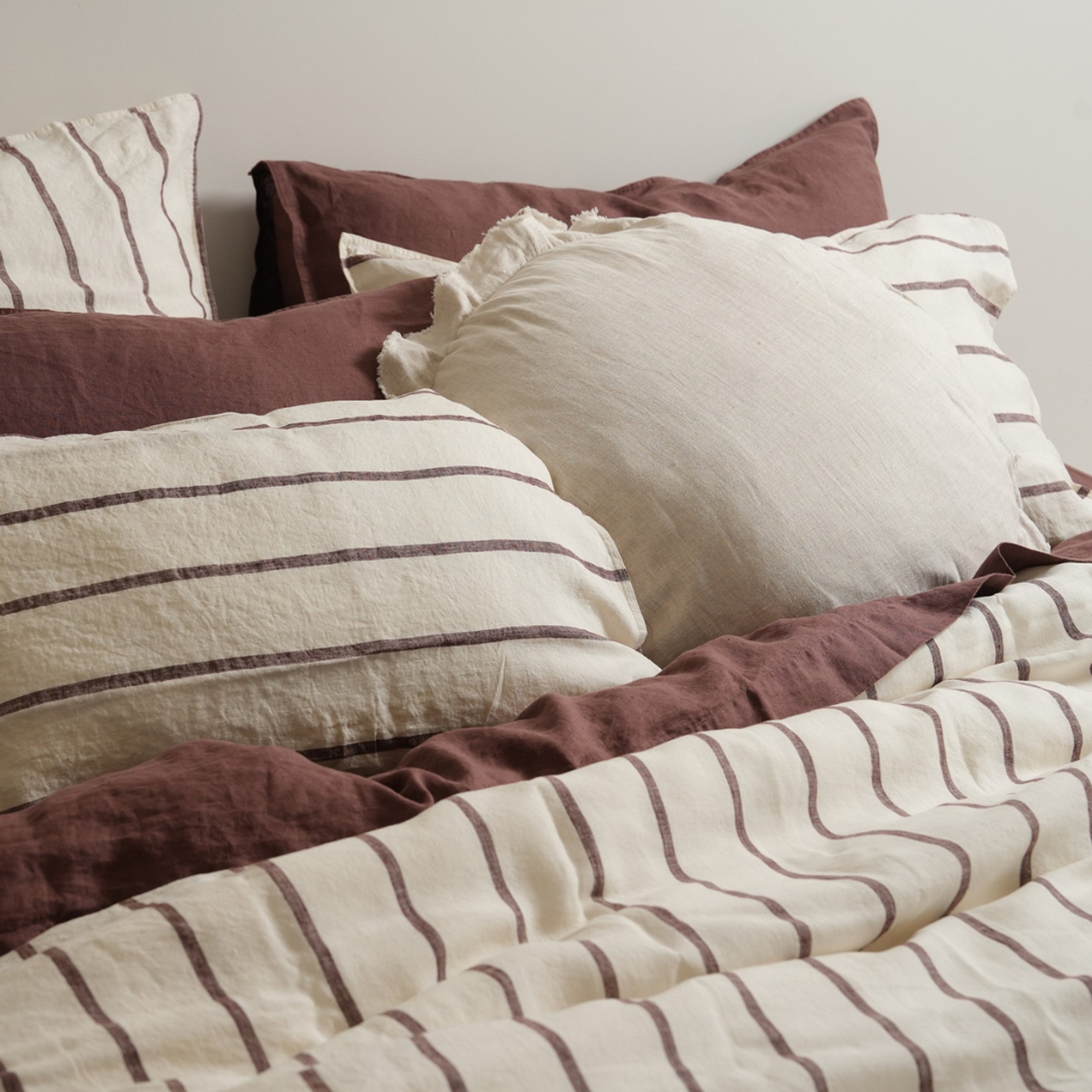100% French Flax Linen Duvet Cover Set - Cocoa Stripe gallery detail image