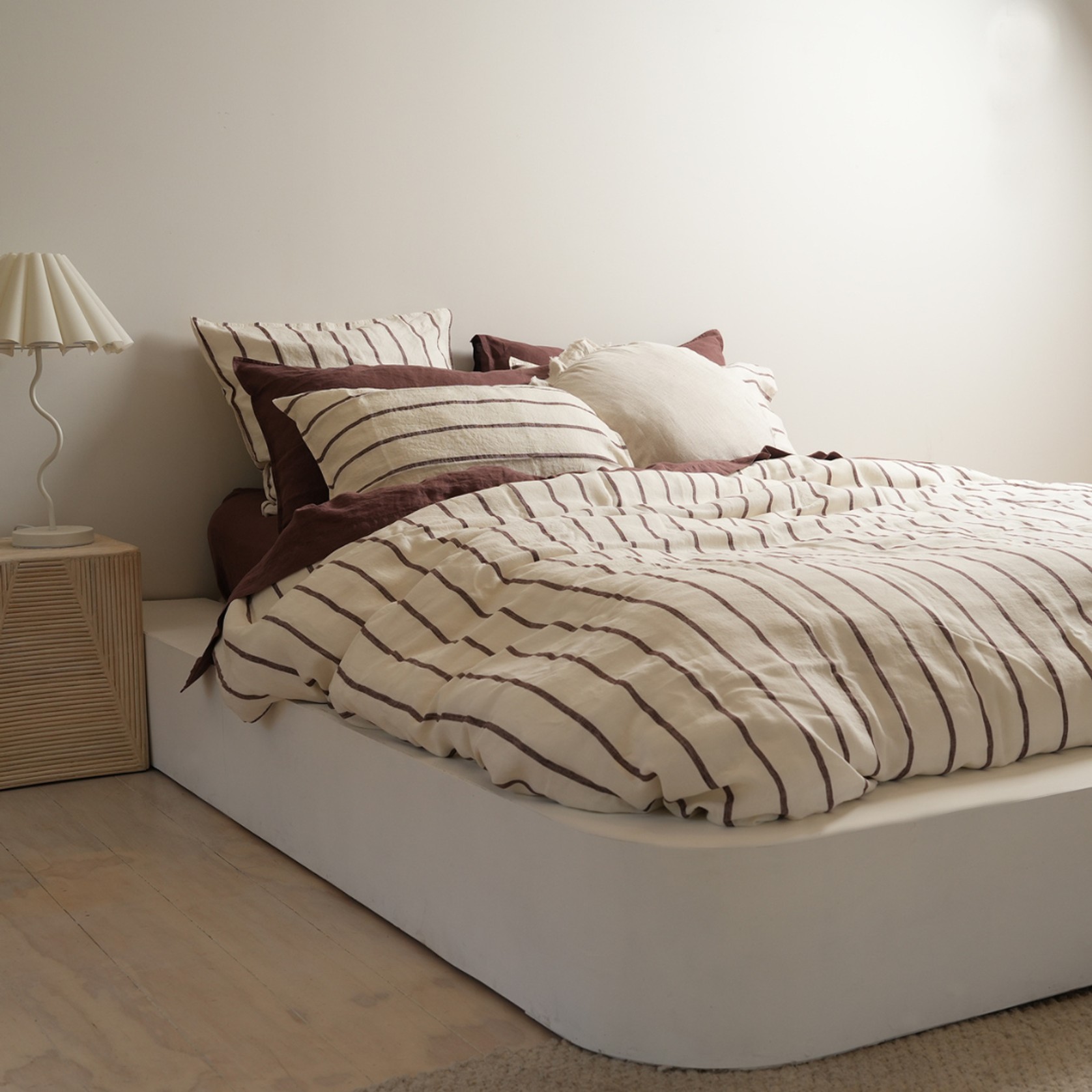 100% French Flax Linen Duvet Cover Set - Cocoa Stripe gallery detail image