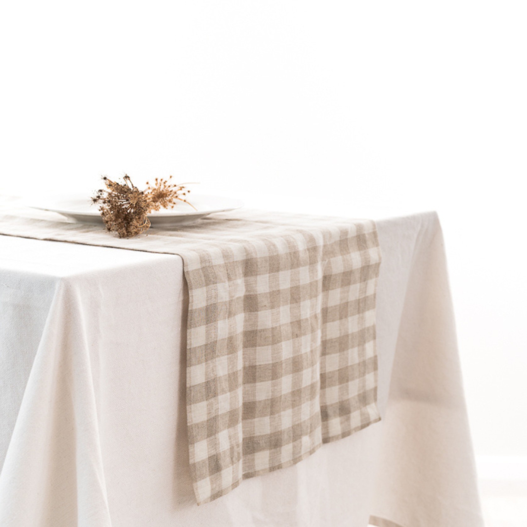 100% French Flax Linen Table Runner-Natural Gingham gallery detail image