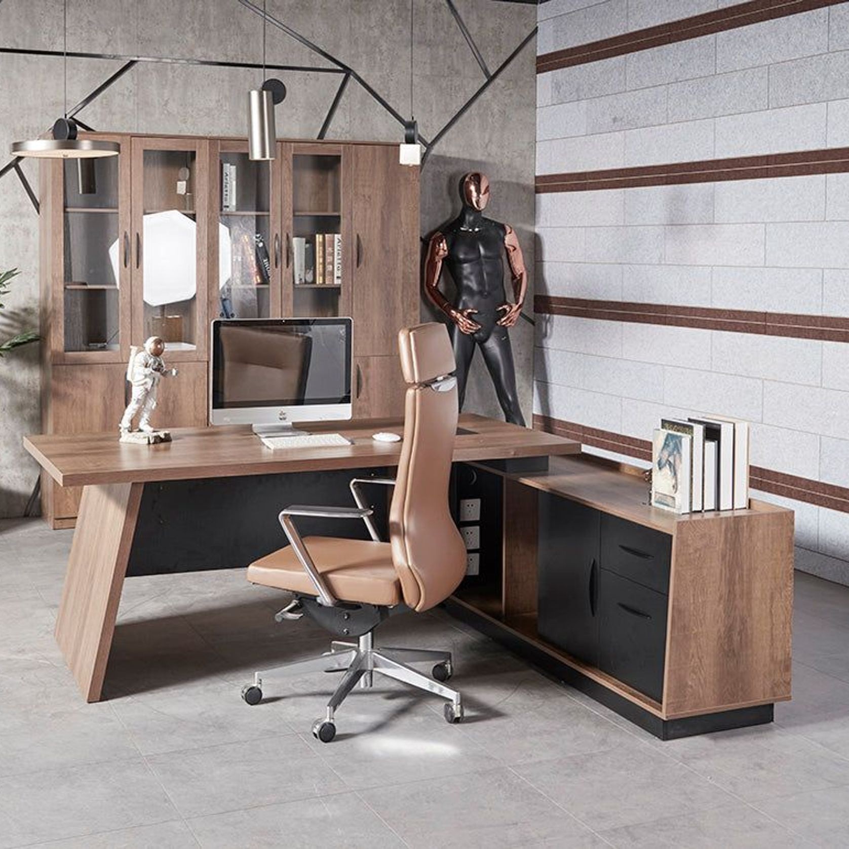 SUTTON Executive Desk with Right Return 1.8M - 2.0M - Warm Oak & Black gallery detail image