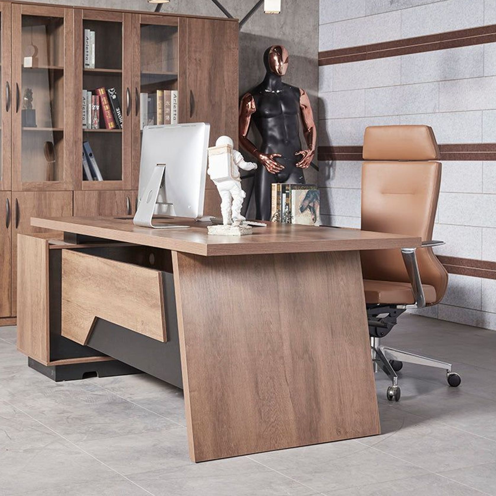 SUTTON Executive Desk with Right Return 1.8M - 2.0M - Warm Oak & Black gallery detail image
