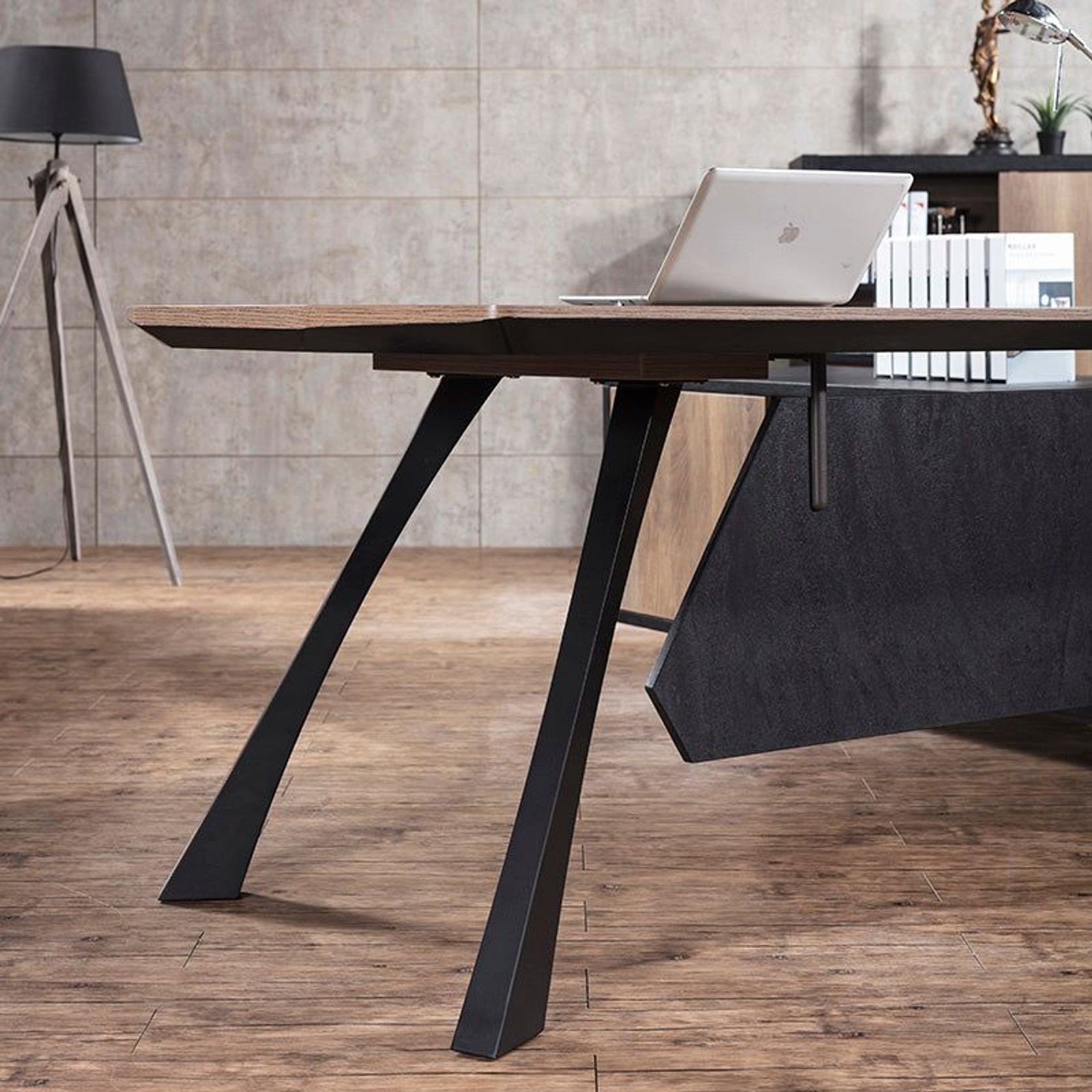 EASTON Executive Desk with Right Return 2.2-2.4m - Warm Oak & Black gallery detail image