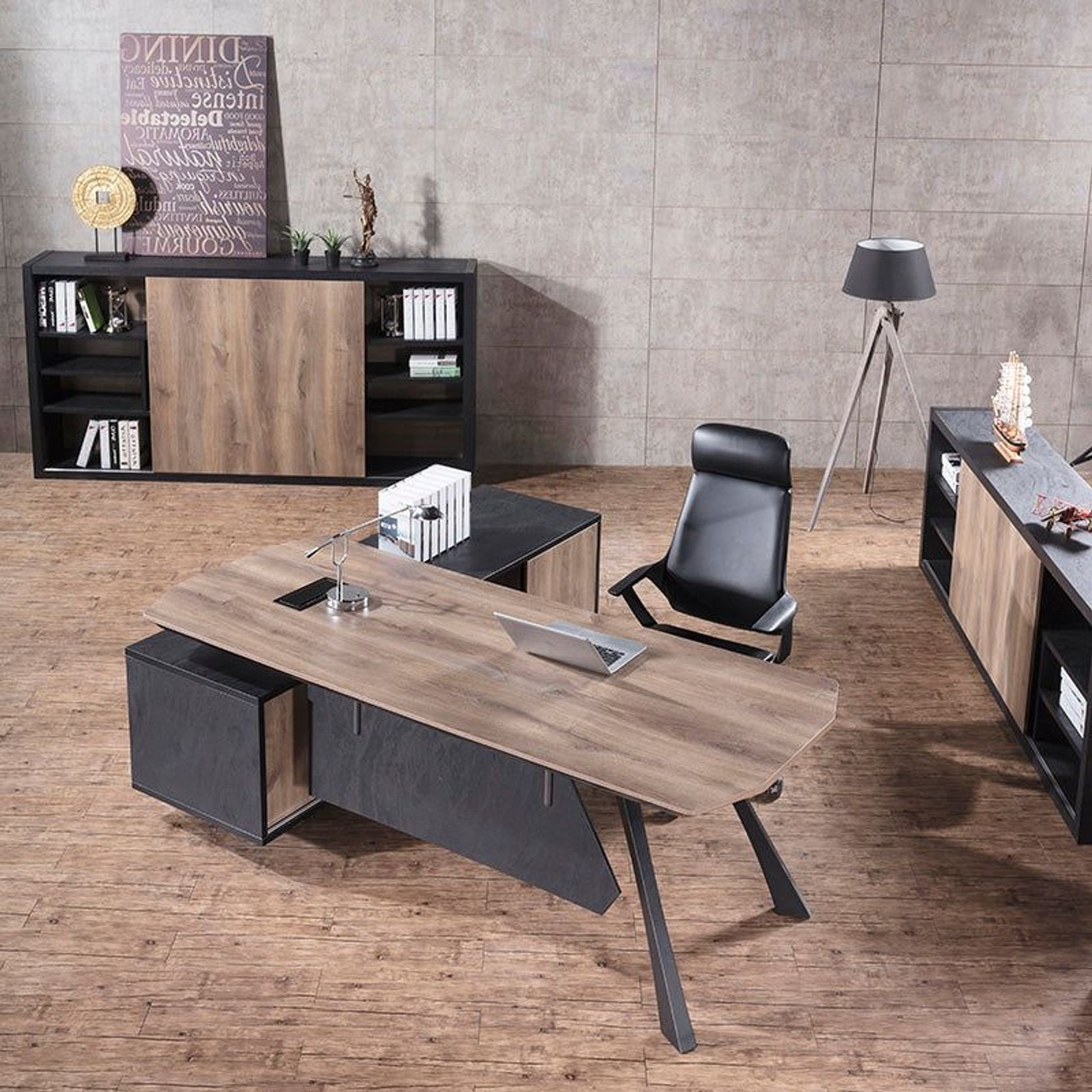 EASTON Executive Desk with Right Return 2.2-2.4m - Warm Oak & Black gallery detail image