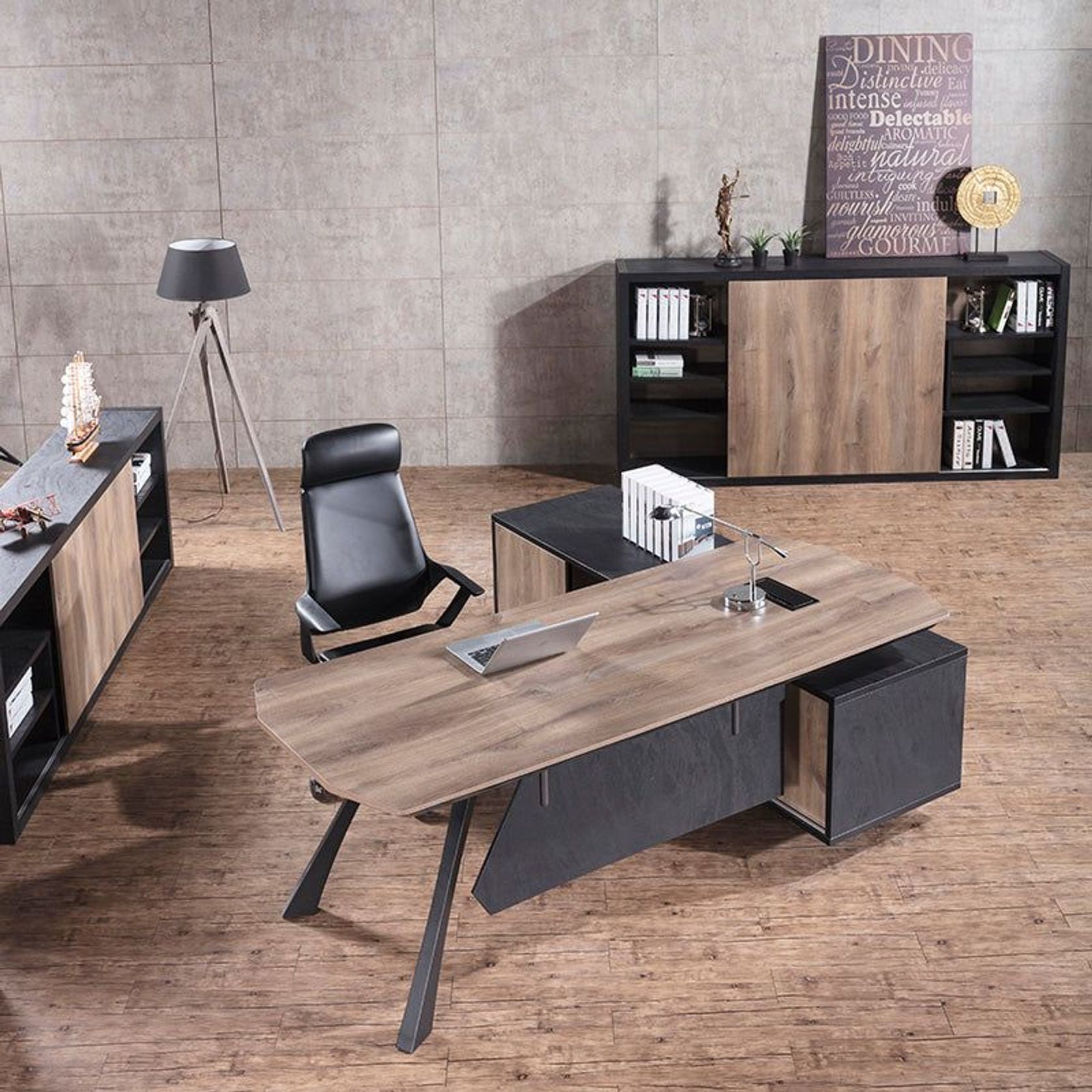 EASTON Executive Desk with Left Return 2.2-2.4m - Warm Oak & Black gallery detail image
