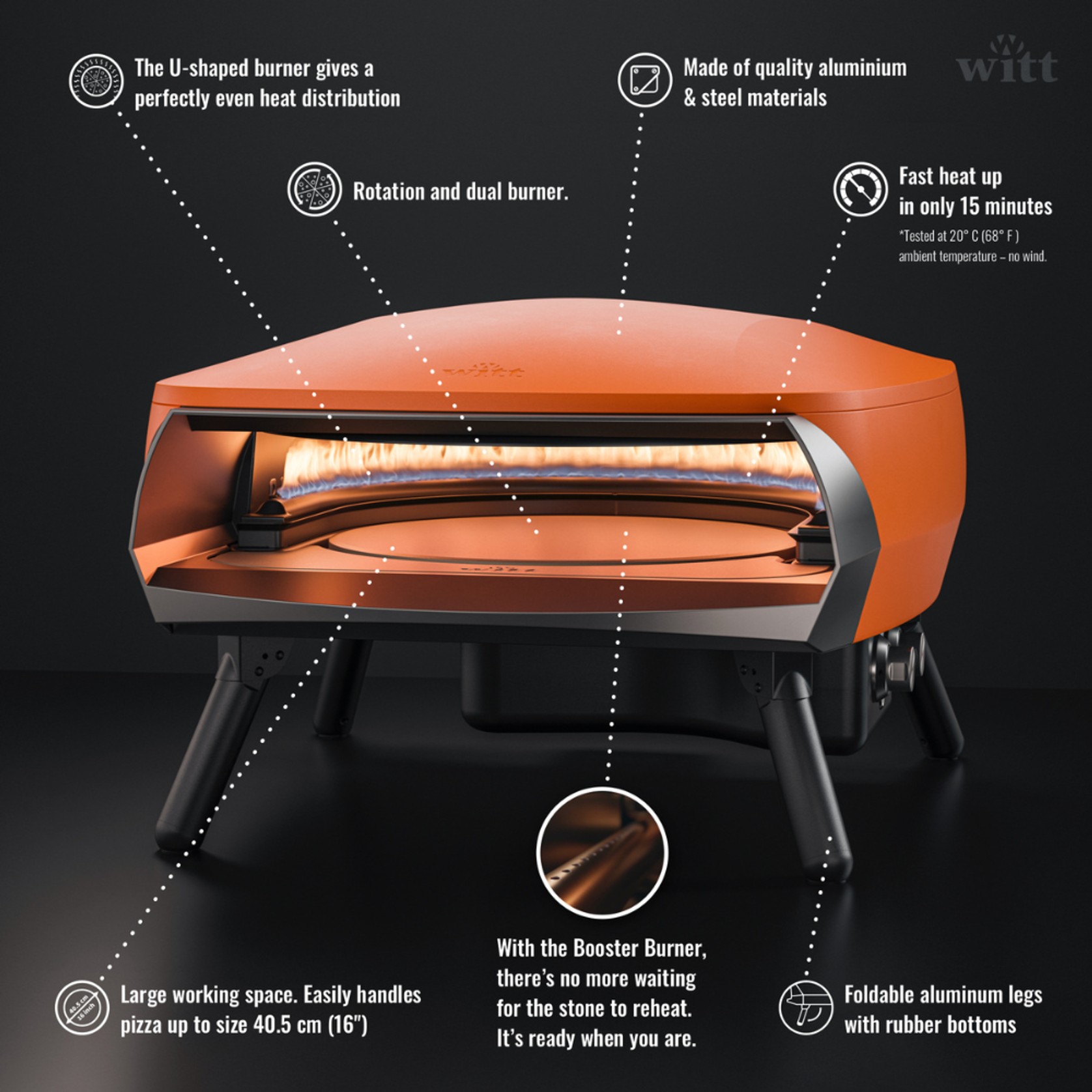 WITT Etna Rotante Gas Powered Pizza Oven w/ Twin Burner & Rotating Stone 16" - Orange gallery detail image