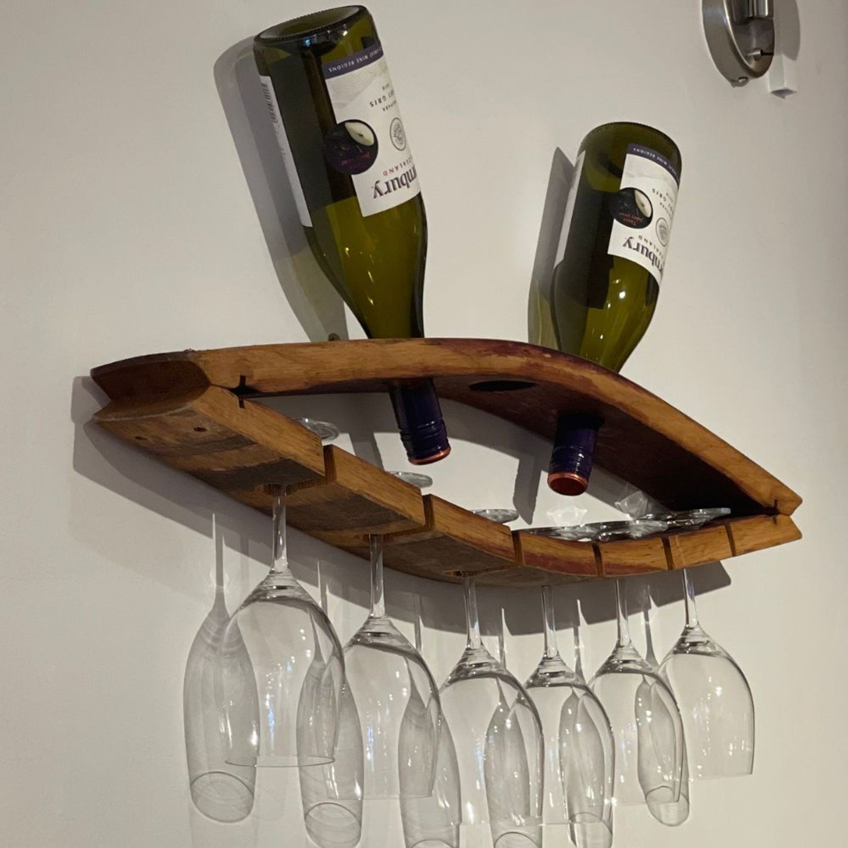 Wall Mounted Wine Barrel Stave Bottle & Wine Glass Rack gallery detail image