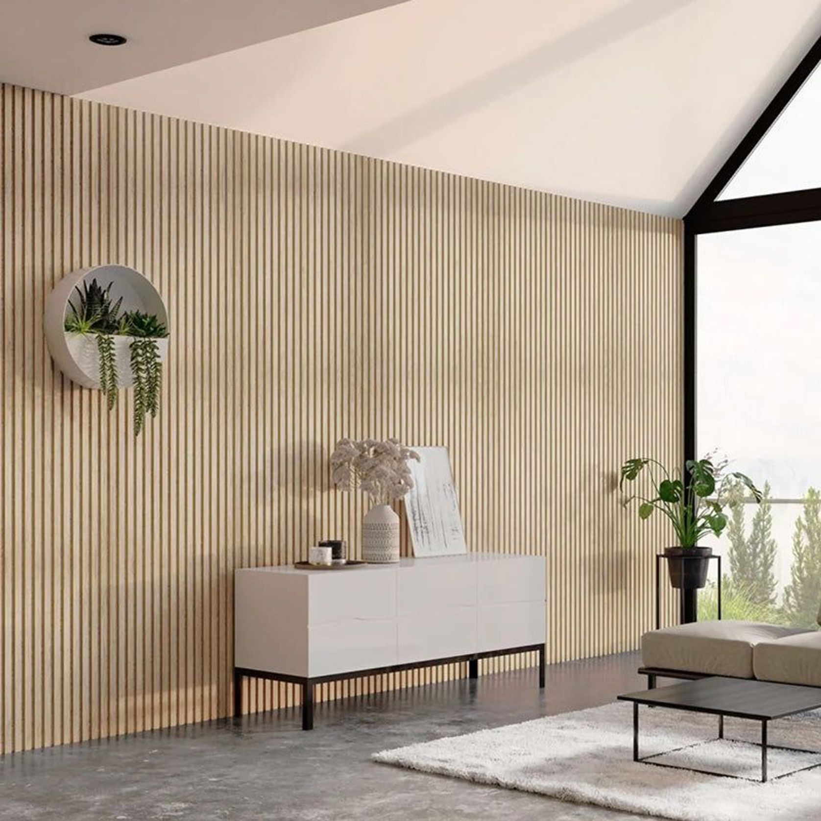 WOODFLEX Flexible Acoustic Wood Slat Wall Panel, Oak Veneer on Light Grey - 2700mm x 600mm gallery detail image
