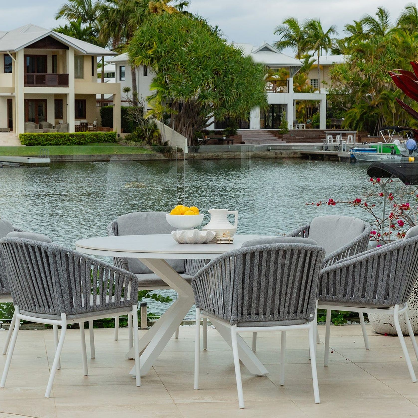 Adele Round Ceramic Table With Melang Chairs 7pc Outdoor Dining Setting gallery detail image