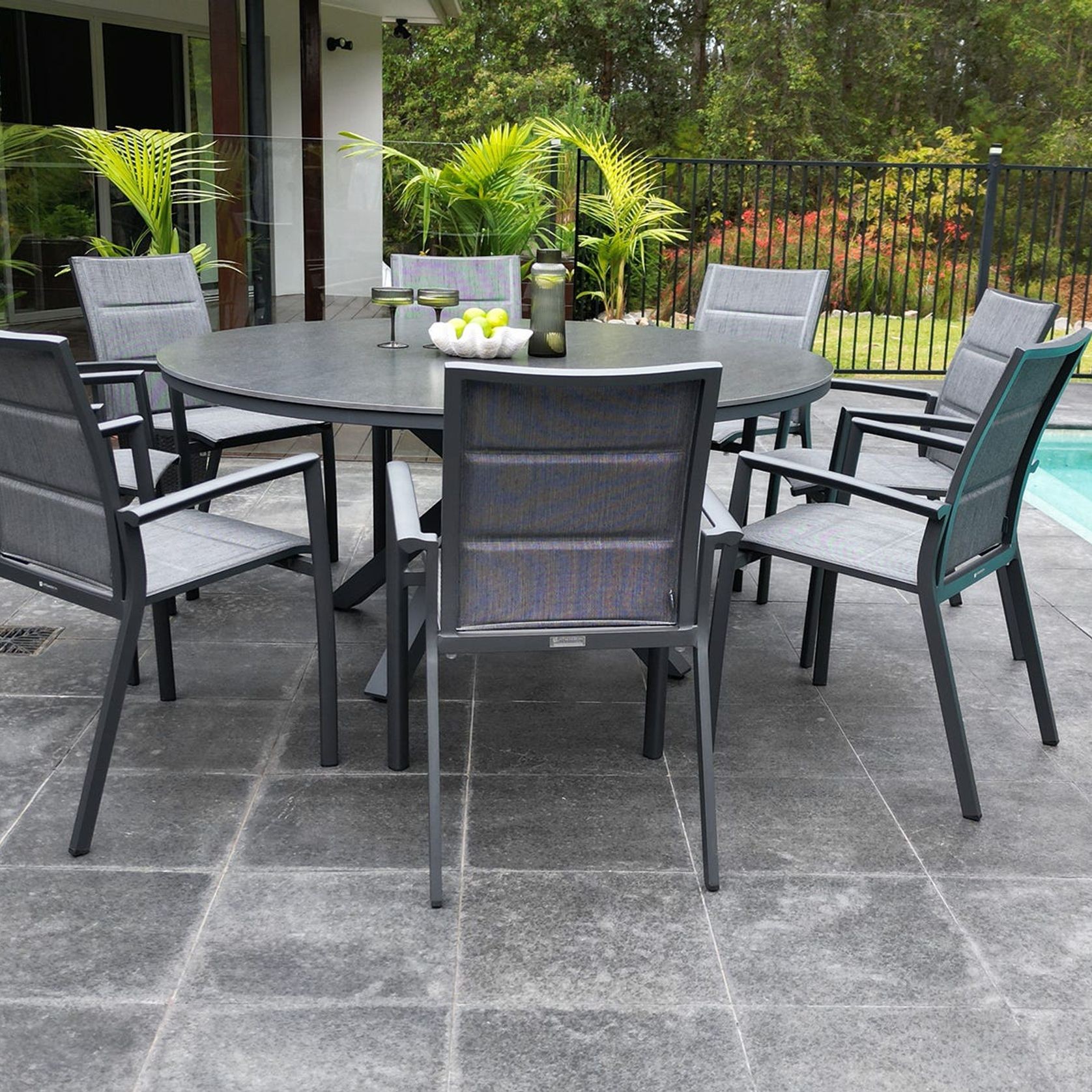 Adele Round Ceramic Table With Sevilla Padded Chairs 9pc Outdoor Dining Setting gallery detail image