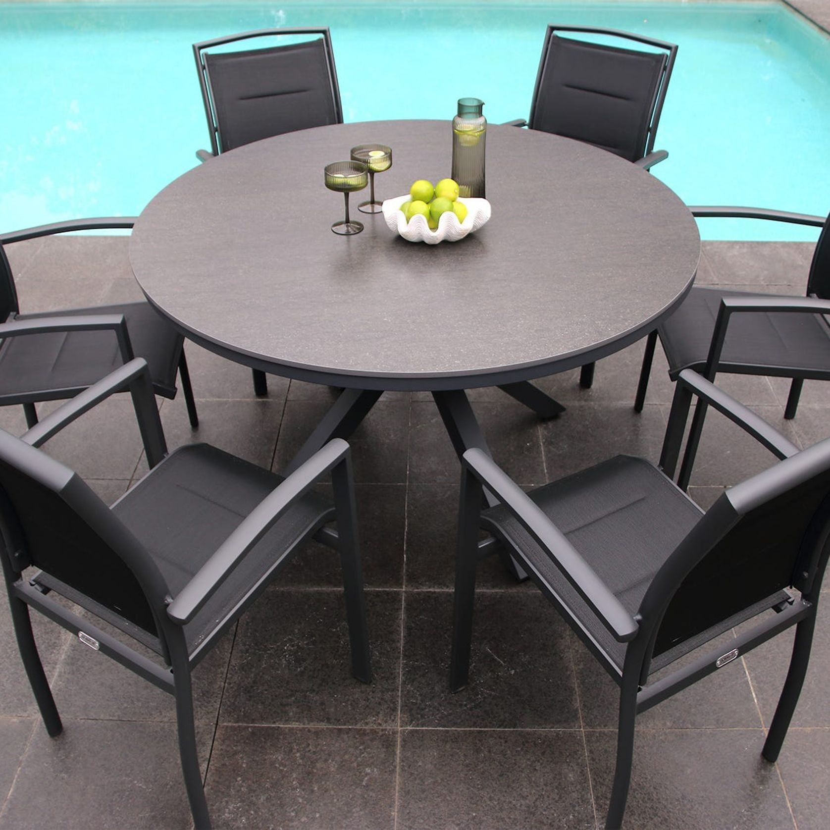 Adele Round Ceramic Table With Verde Chairs 7pc Outdoor Dining Setting gallery detail image
