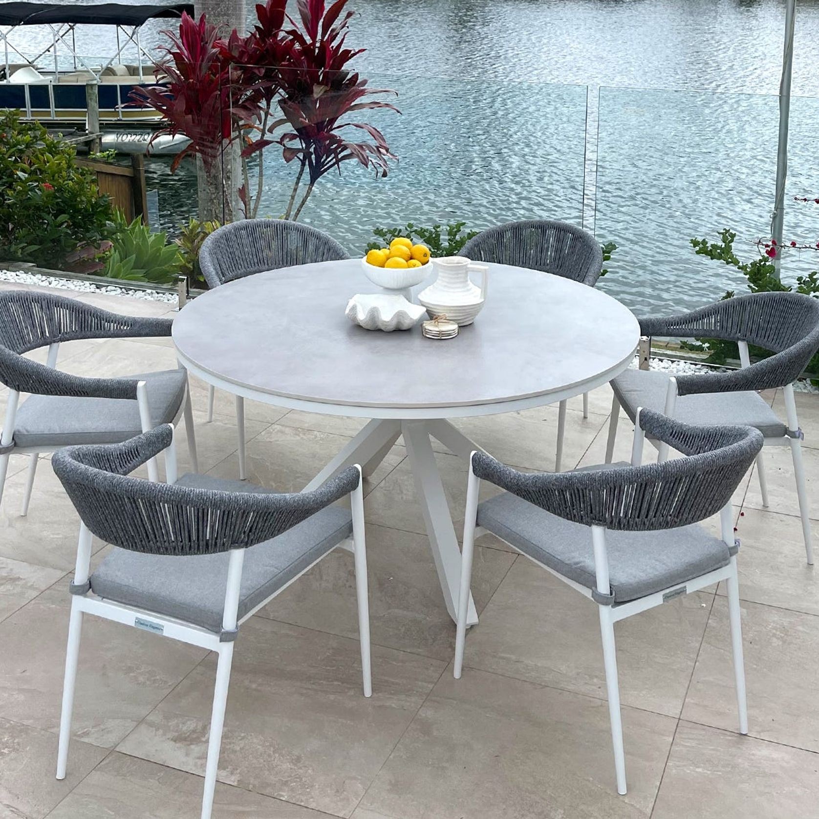 Adele Round Ceramic Table With Nivala Chairs 7pc Outdoor Dining Setting gallery detail image