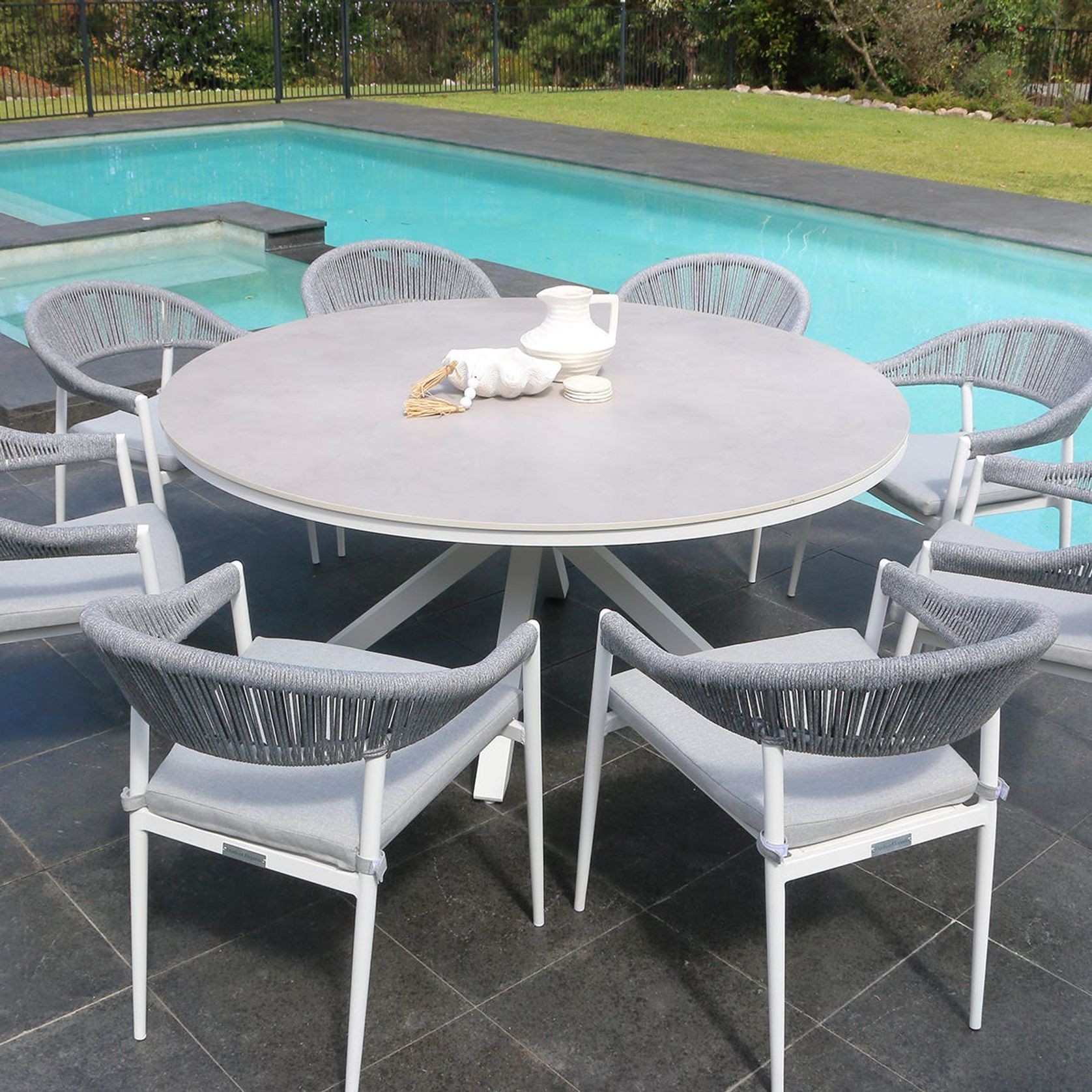 Adele Round Ceramic Table With Nivala Chairs 9pc Outdoor Dining Setting gallery detail image