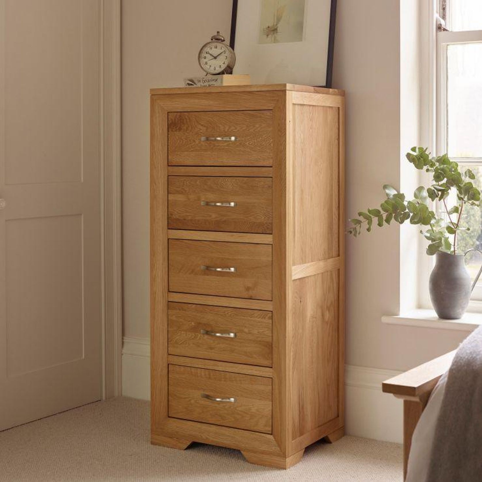 Chamfer Natural Solid Oak 5 Drawers Tallboy gallery detail image