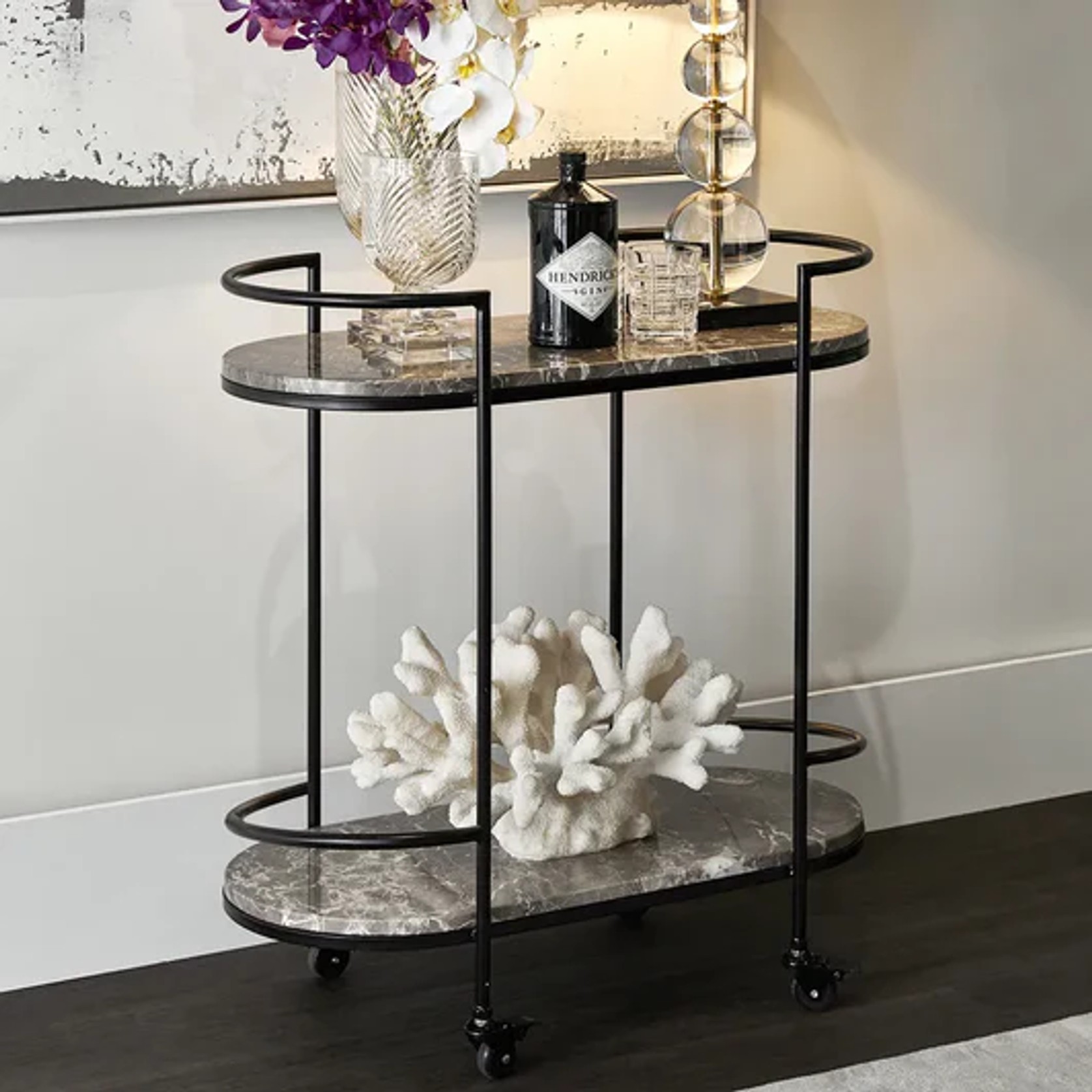 Grey Marble Bar Cart - Black gallery detail image