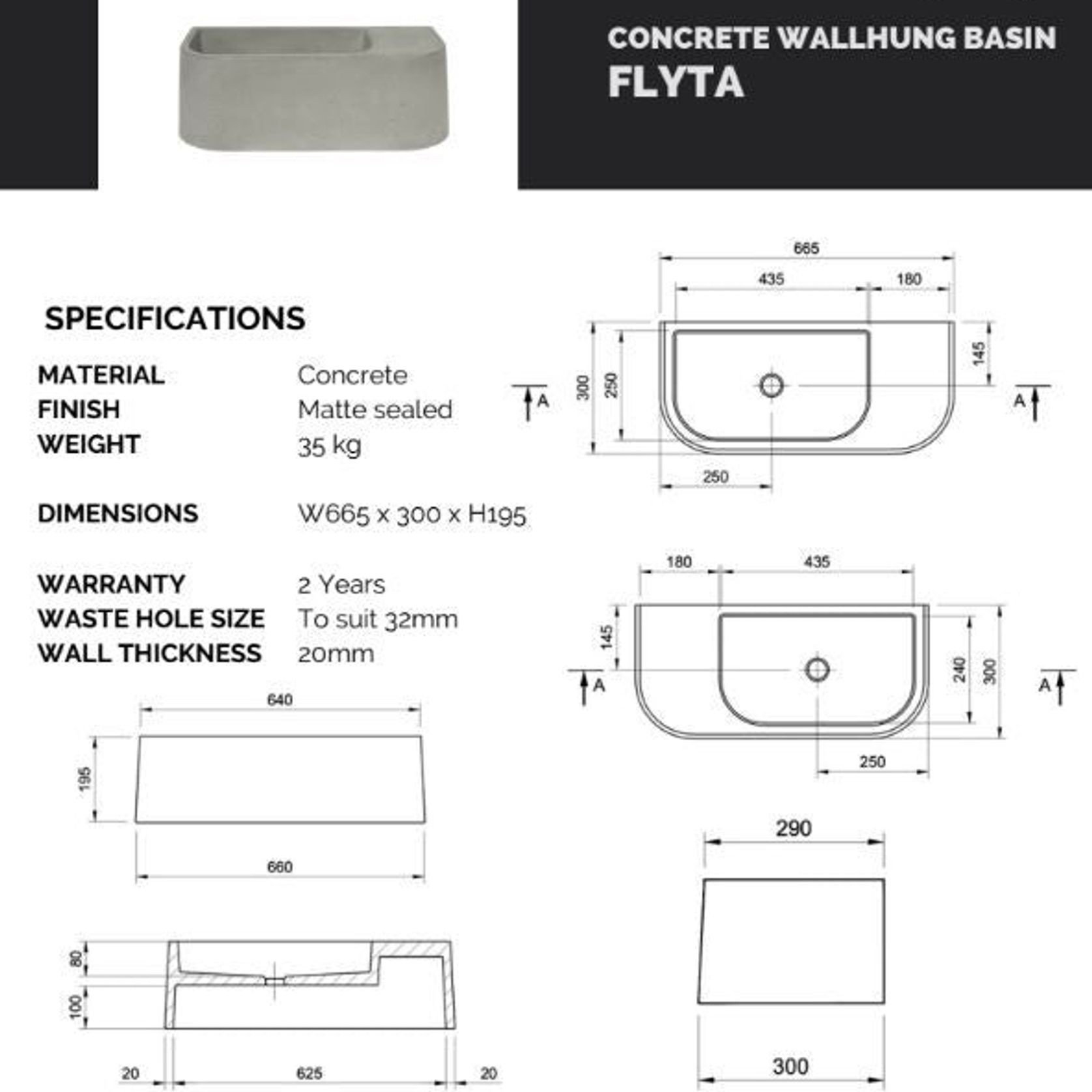 Concrete Republic Flyta Wall Hung Basin gallery detail image