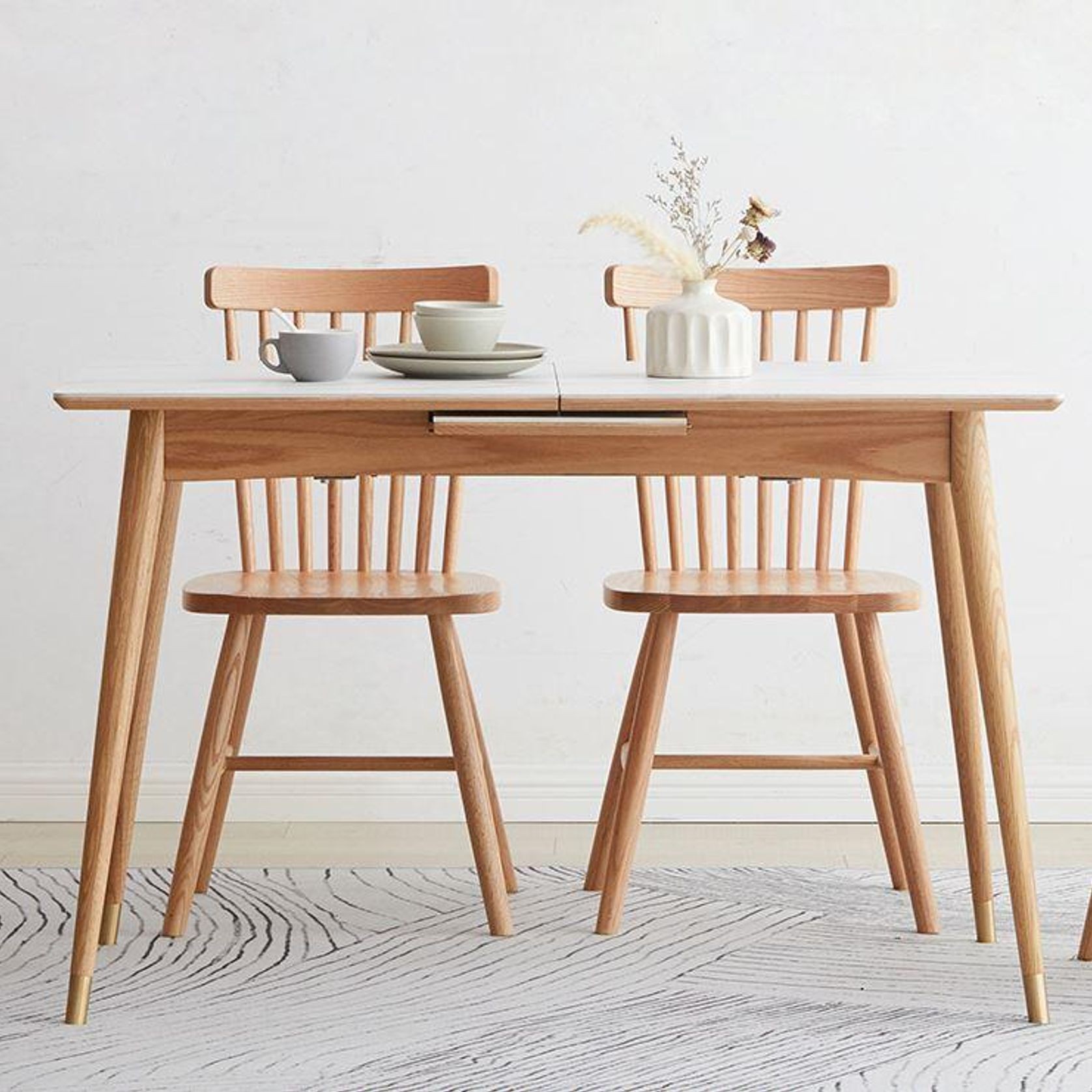 Kotala Natural Solid Oak Extendable Dining Table with Ceramic Marble Top gallery detail image