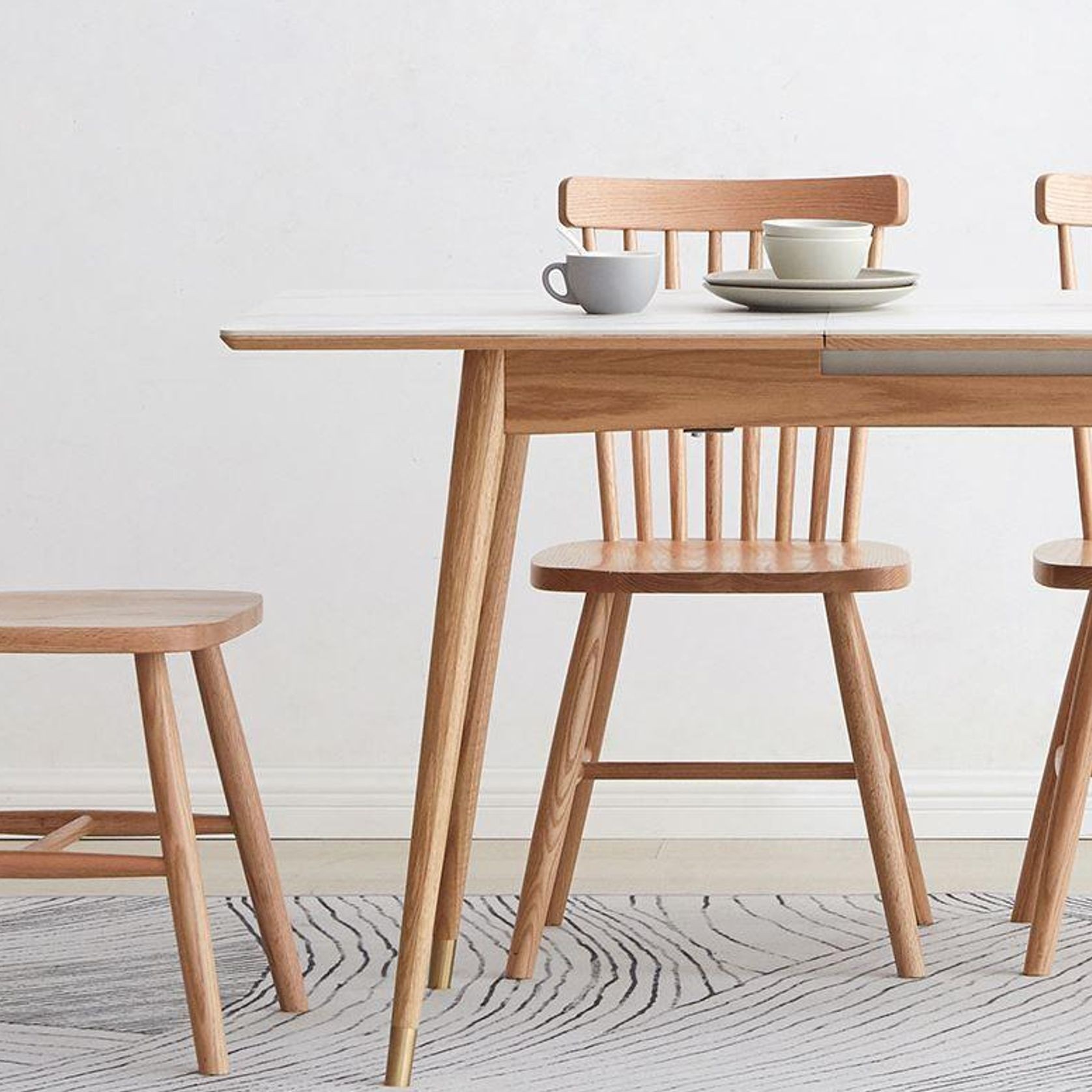 Kotala Natural Solid Oak Extendable Dining Table with Ceramic Marble Top gallery detail image