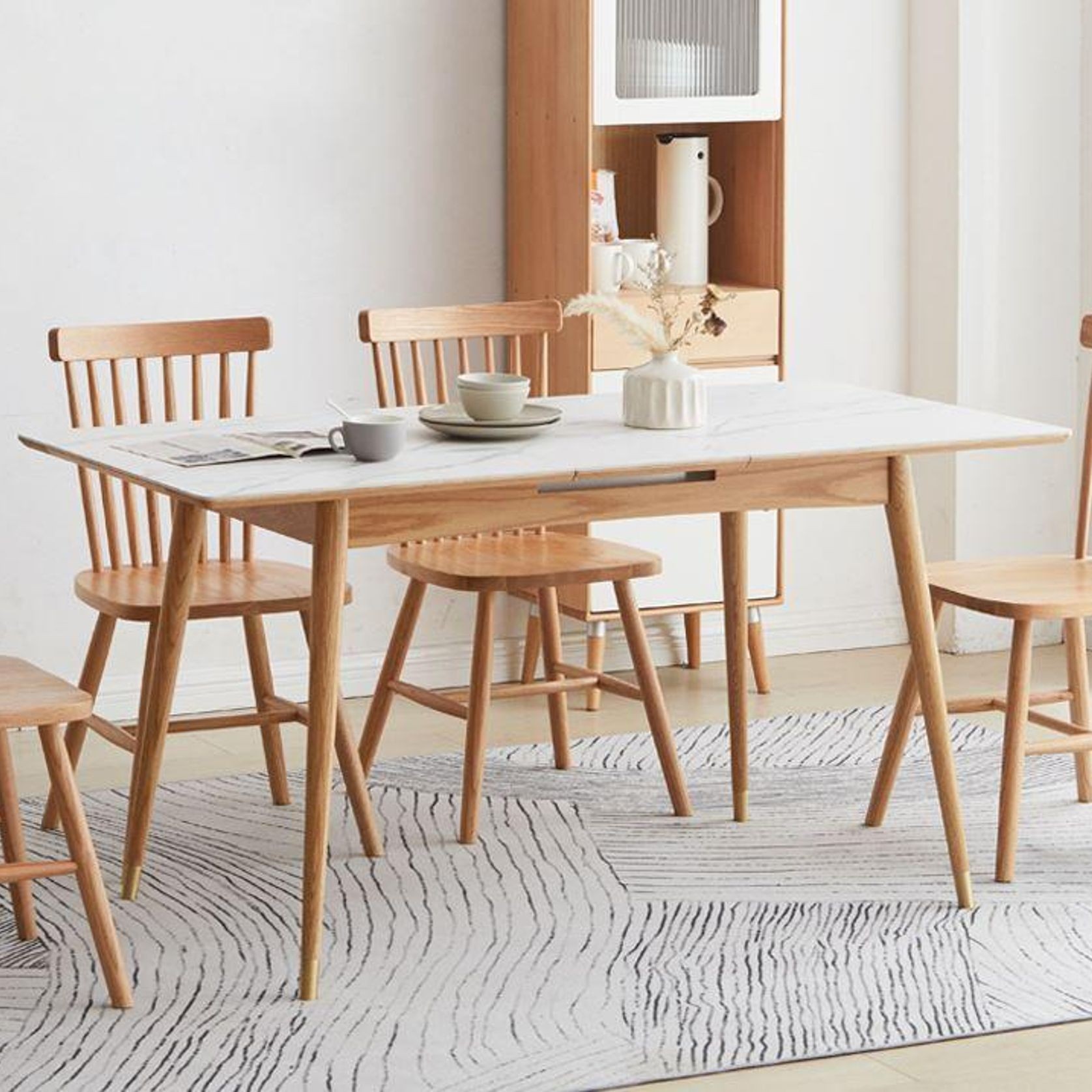 Kotala Natural Solid Oak Extendable Dining Table with Ceramic Marble Top gallery detail image