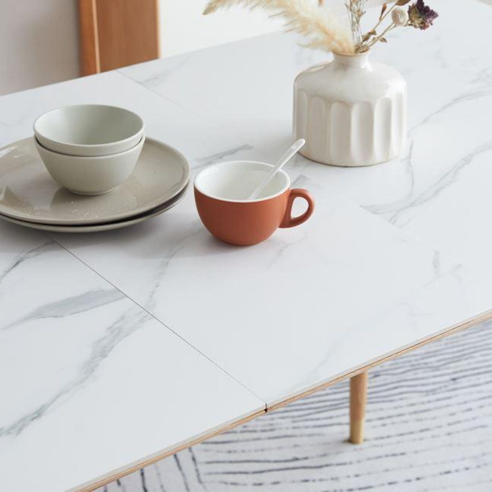 Kotala Natural Solid Oak Extendable Dining Table with Ceramic Marble Top gallery detail image