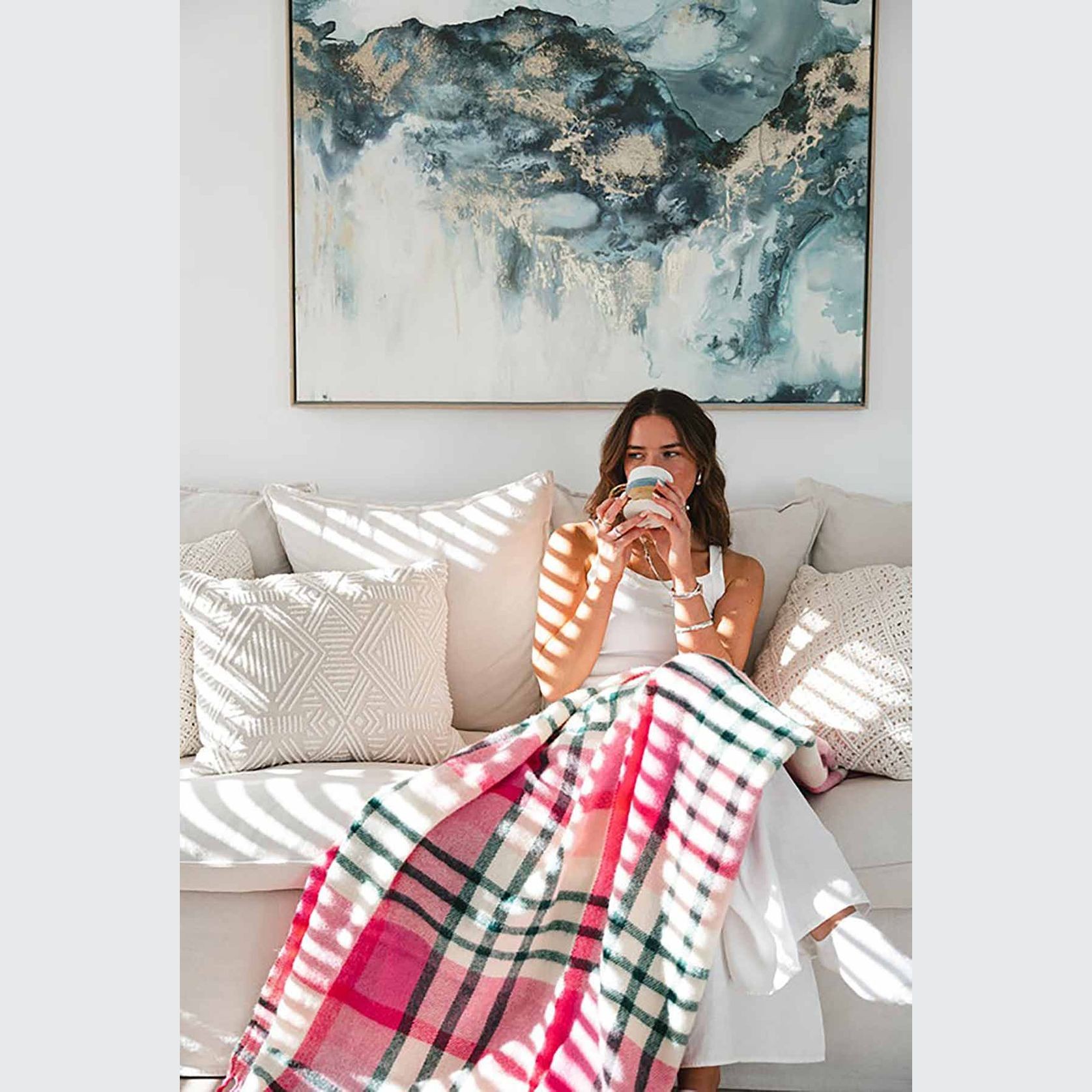 Ruanui Station Lambswool Throw - Pukehapua Pink Check gallery detail image