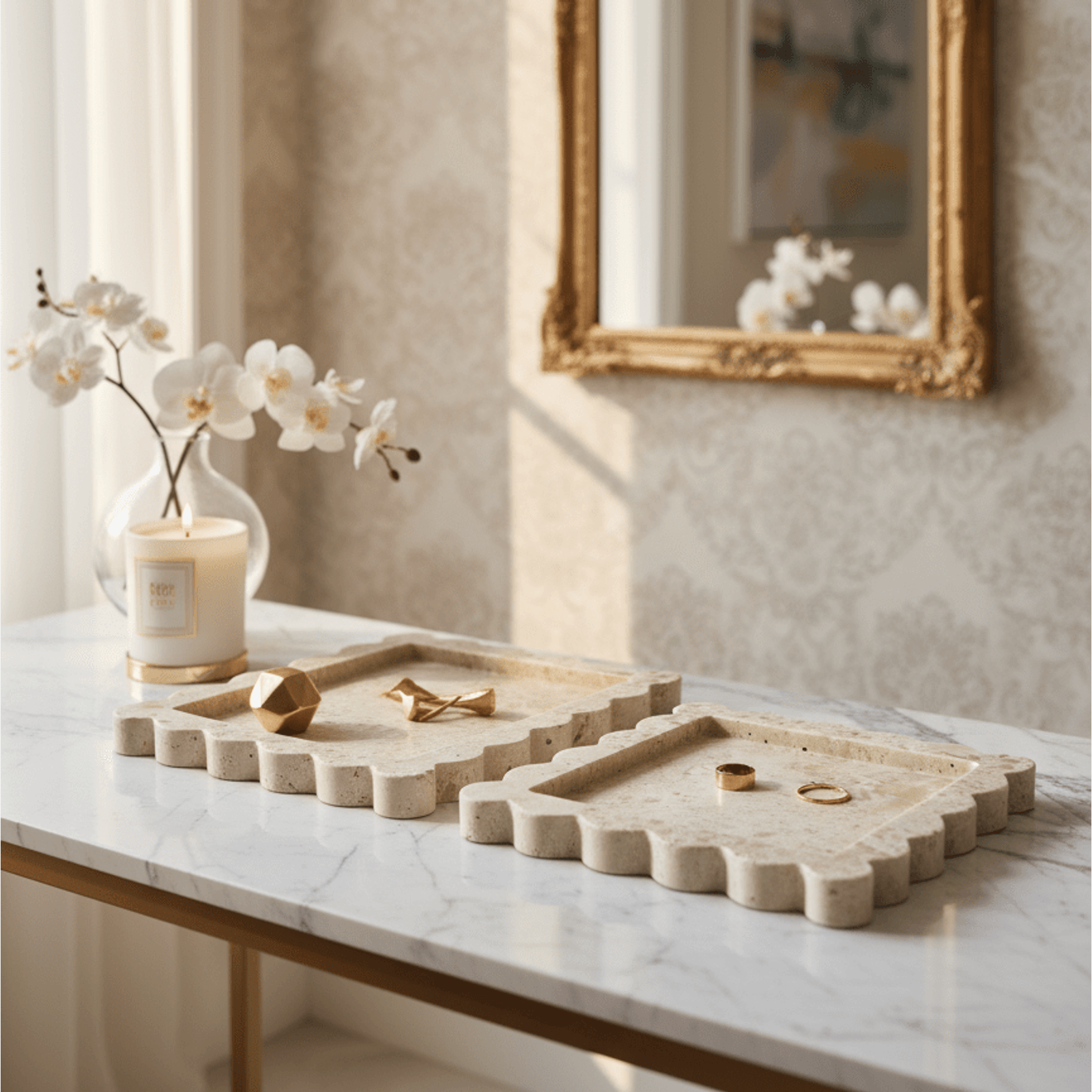 Scalloped Edge Tray - White Ivory Travertine gallery detail image